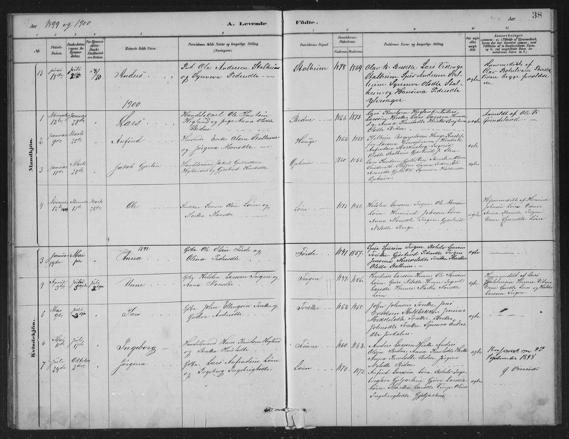 Vossestrand Sokneprestembete, AV/SAB-A-79101/H/Hab: Parish register (copy) no. A 2, 1880-1902, p. 38