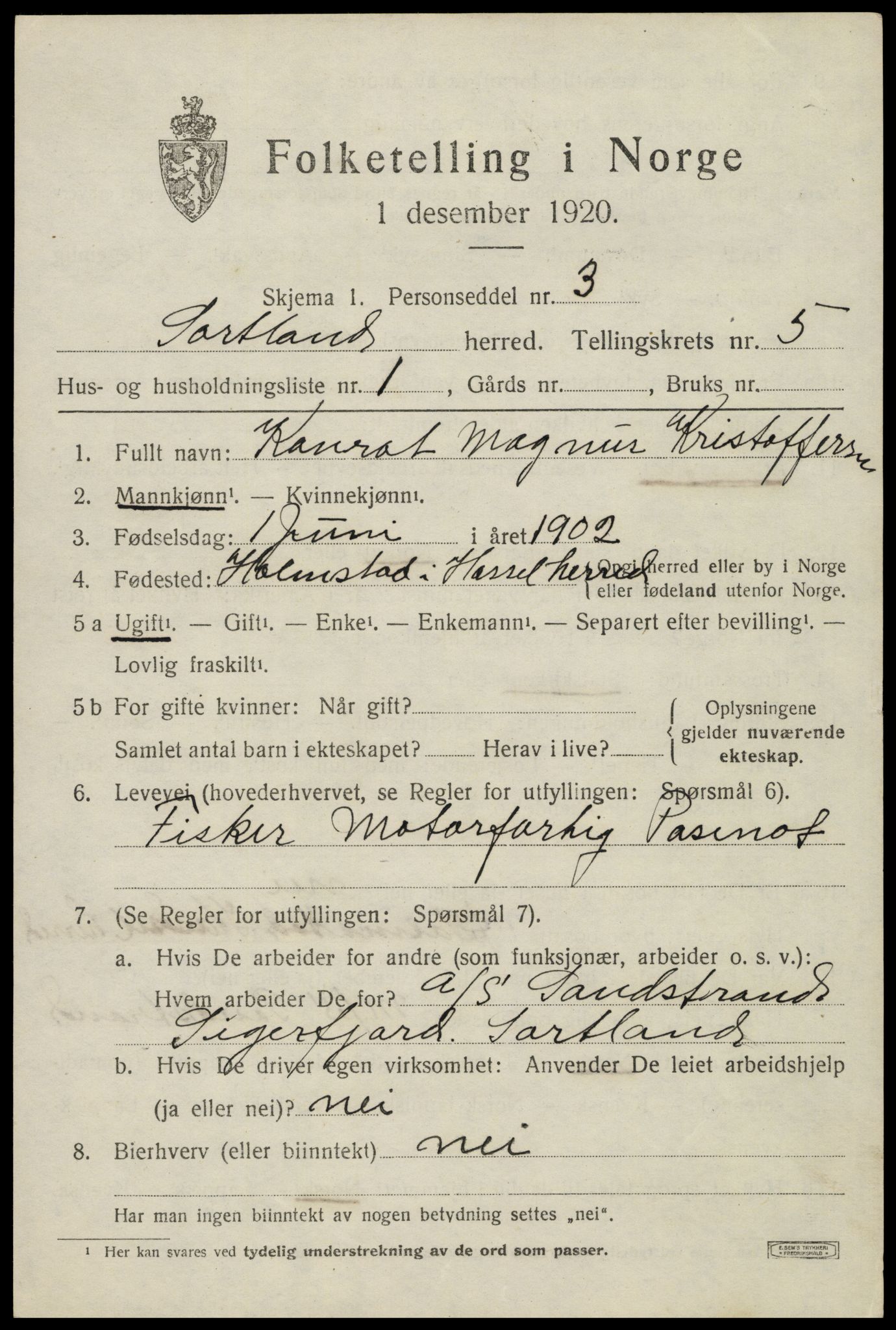 SAT, 1920 census for Sortland, 1920, p. 5476