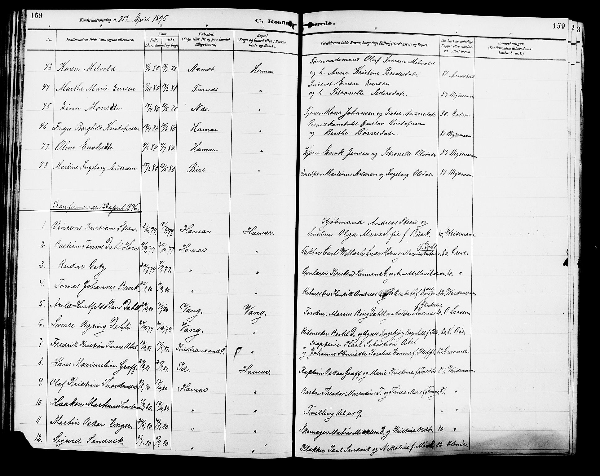 Vang prestekontor, Hedmark, SAH/PREST-008/H/Ha/Hab/L0013: Parish register (copy) no. 13, 1890-1899, p. 159