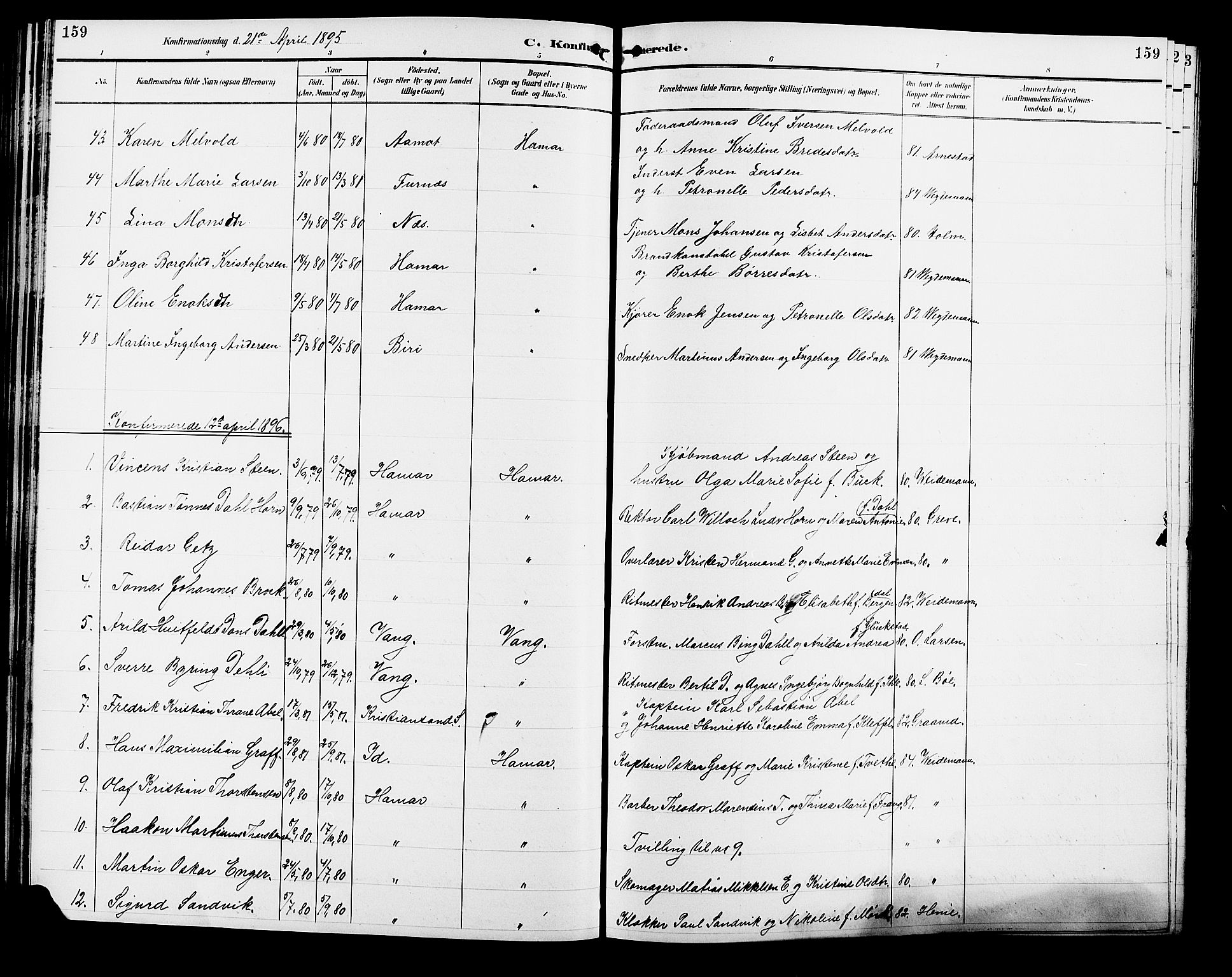 Vang prestekontor, Hedmark, AV/SAH-PREST-008/H/Ha/Hab/L0013: Parish register (copy) no. 13, 1890-1899, p. 159