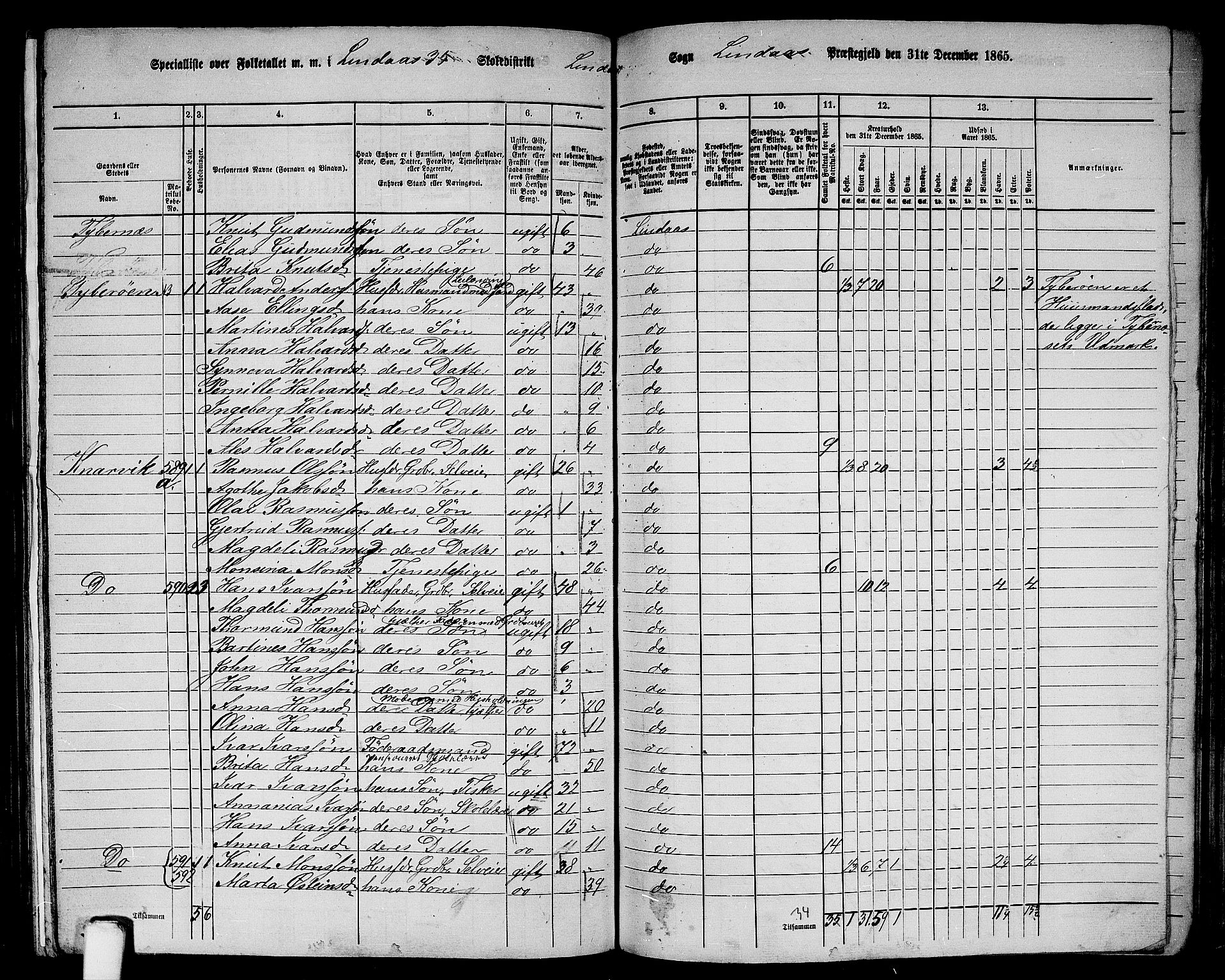 RA, 1865 census for Lindås, 1865, p. 220