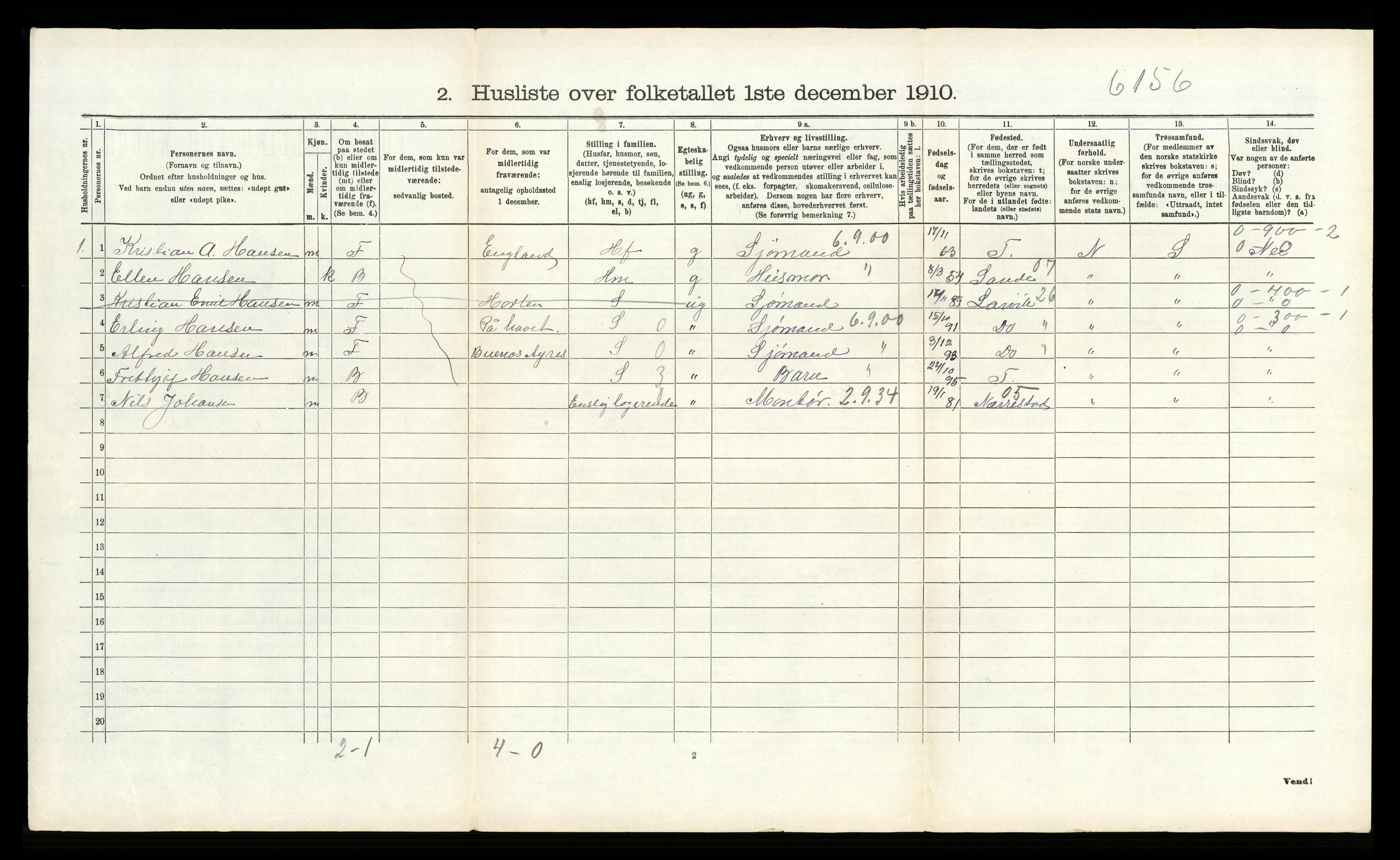 RA, 1910 census for Tjølling, 1910, p. 538