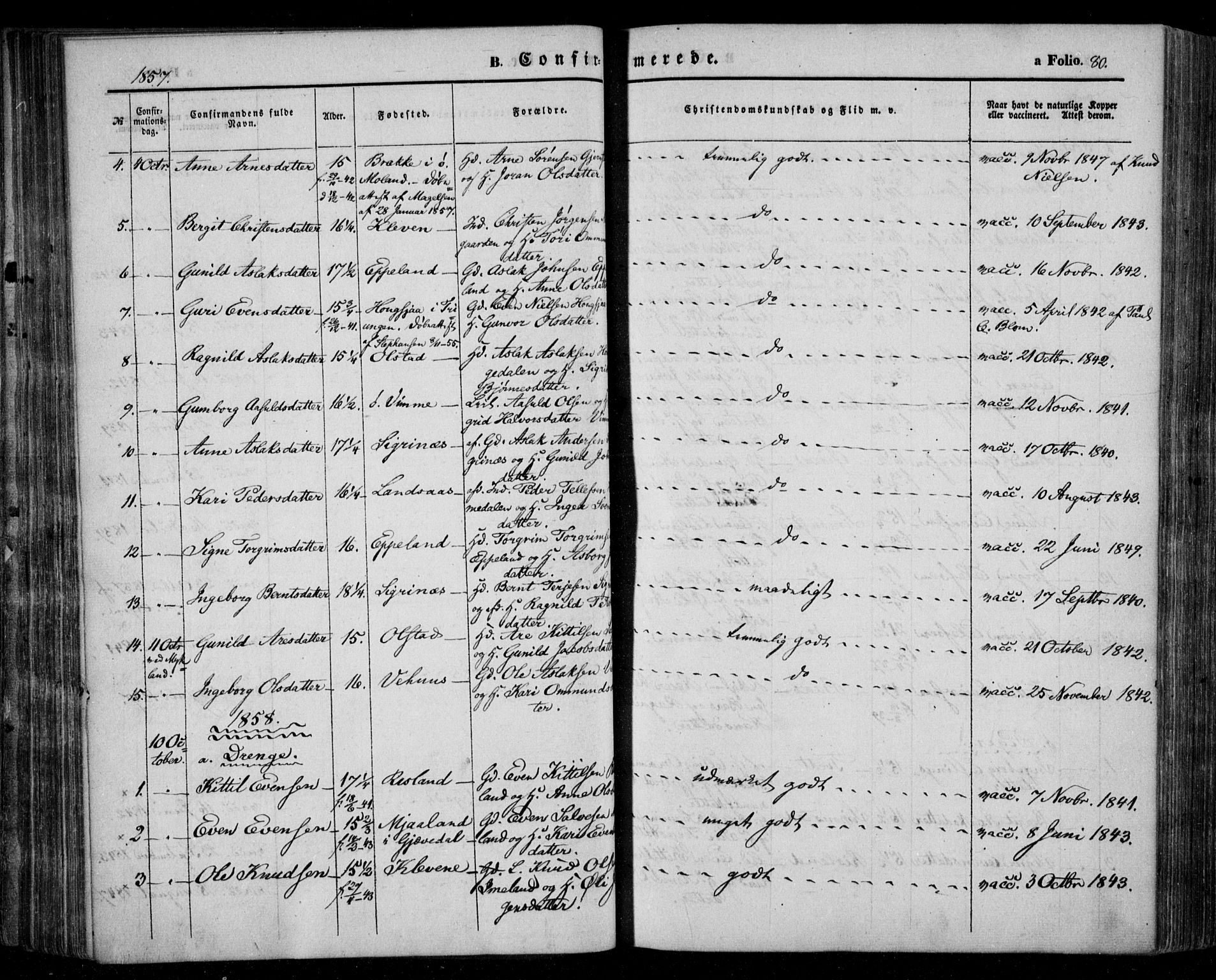 Åmli sokneprestkontor, SAK/1111-0050/F/Fa/Fac/L0008: Parish register (official) no. A 8, 1852-1869, p. 80