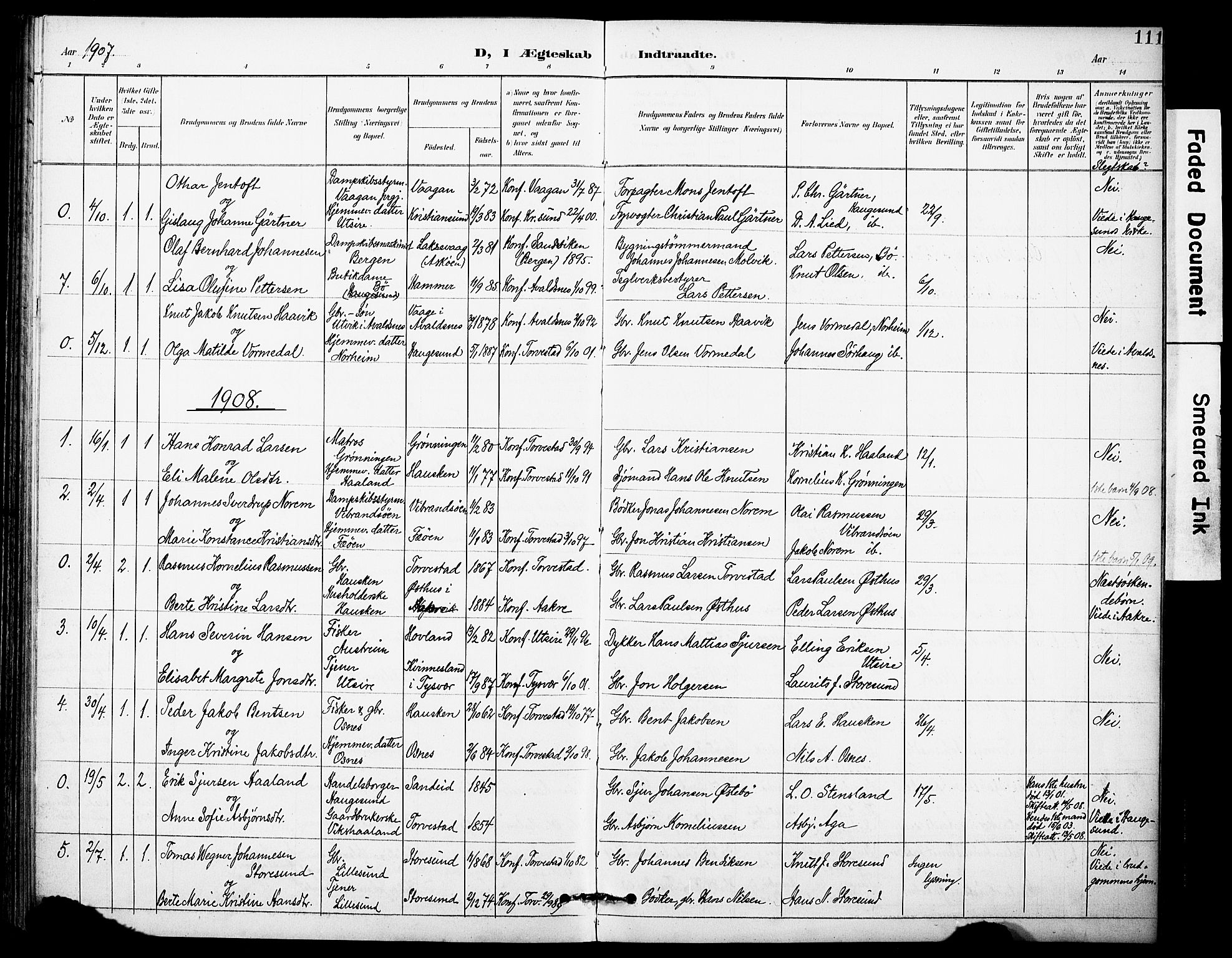 Torvastad sokneprestkontor, SAST/A -101857/H/Ha/Haa/L0017: Parish register (official) no. A 16, 1899-1911, p. 111