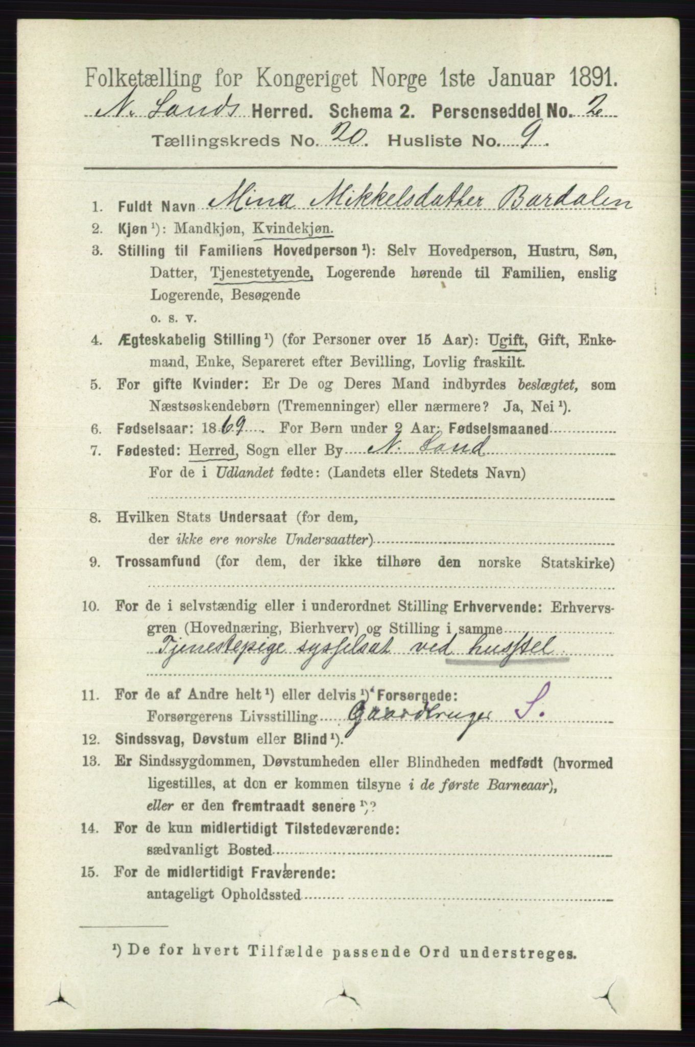 RA, 1891 census for 0538 Nordre Land, 1891, p. 4925