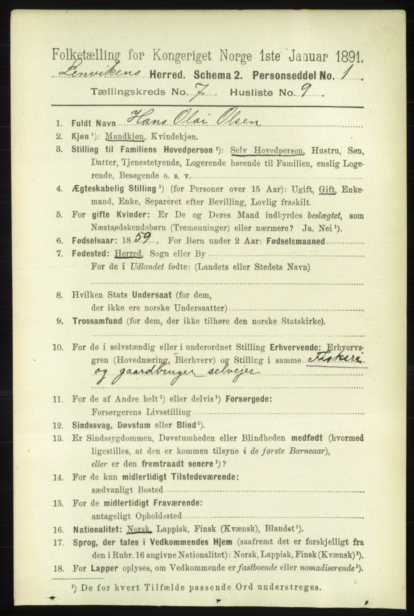 RA, 1891 census for 1931 Lenvik, 1891, p. 3827