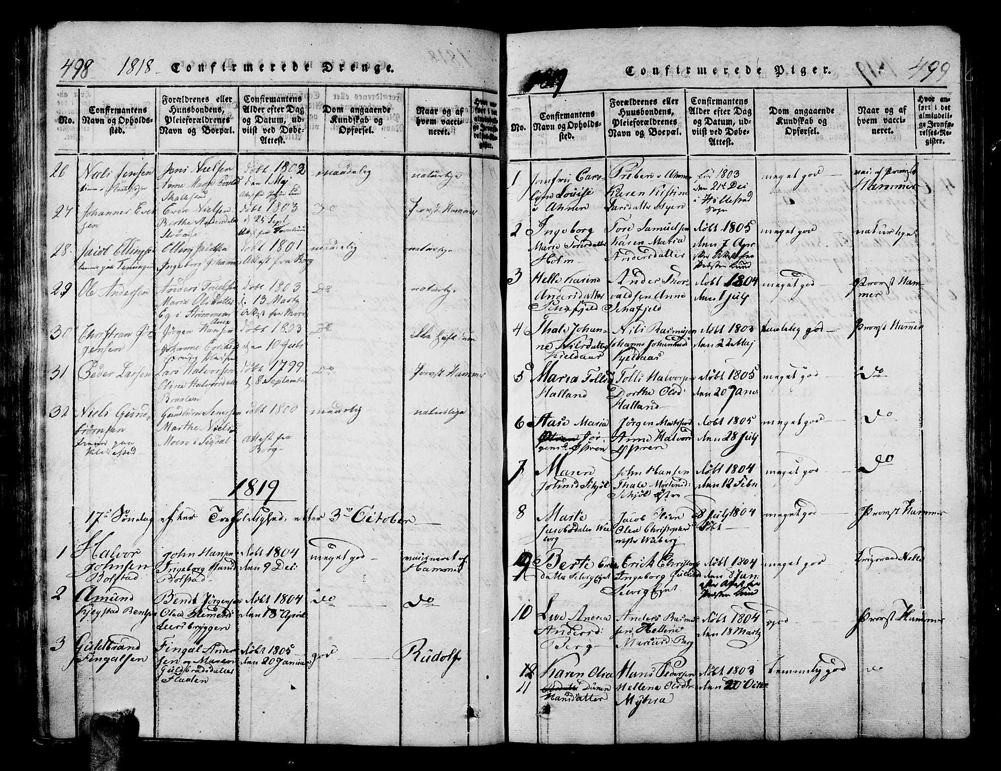 Sande Kirkebøker, AV/SAKO-A-53/G/Ga/L0001: Parish register (copy) no. 1, 1814-1847, p. 498-499