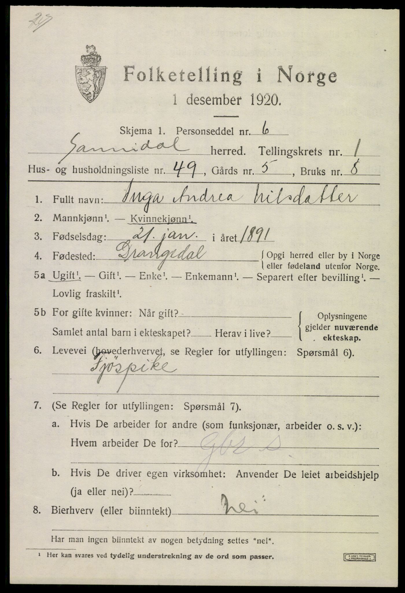 SAKO, 1920 census for Sannidal, 1920, p. 1625