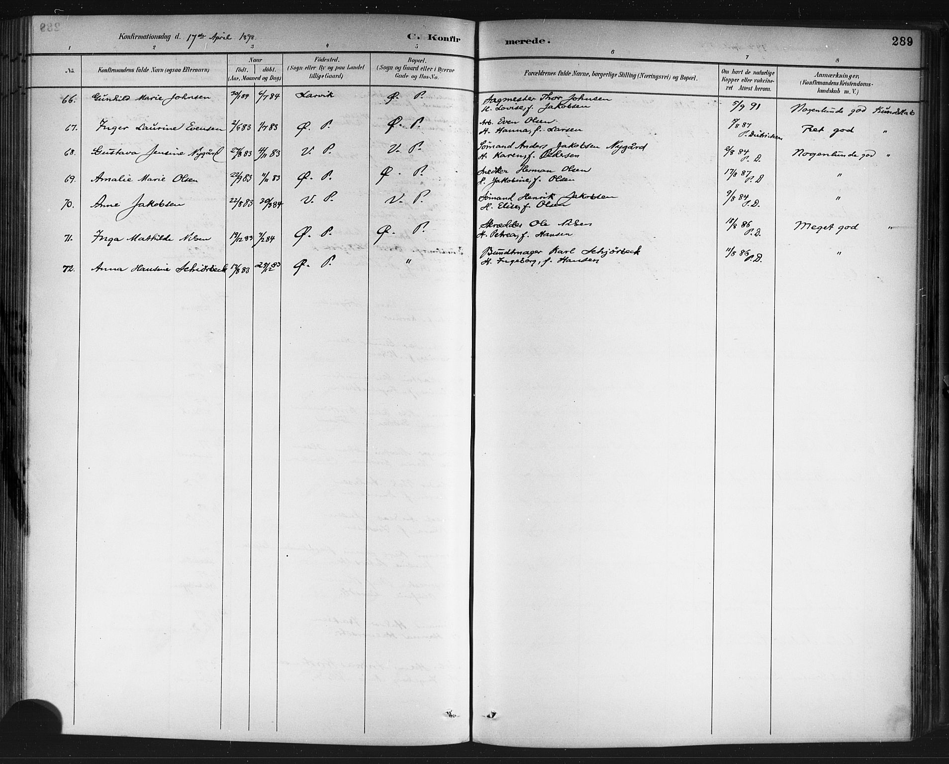 Porsgrunn kirkebøker , AV/SAKO-A-104/G/Gb/L0005: Parish register (copy) no. II 5, 1883-1915, p. 289