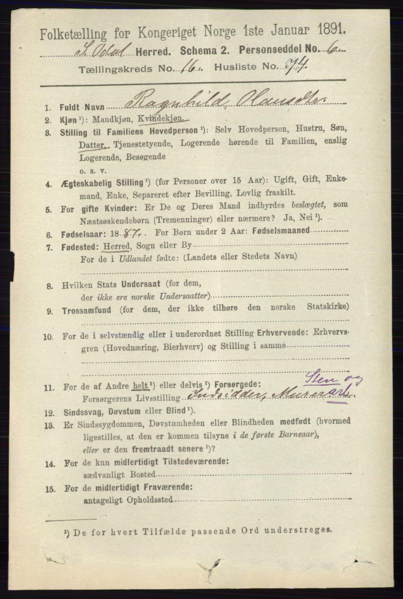 RA, 1891 census for 0419 Sør-Odal, 1891, p. 7777