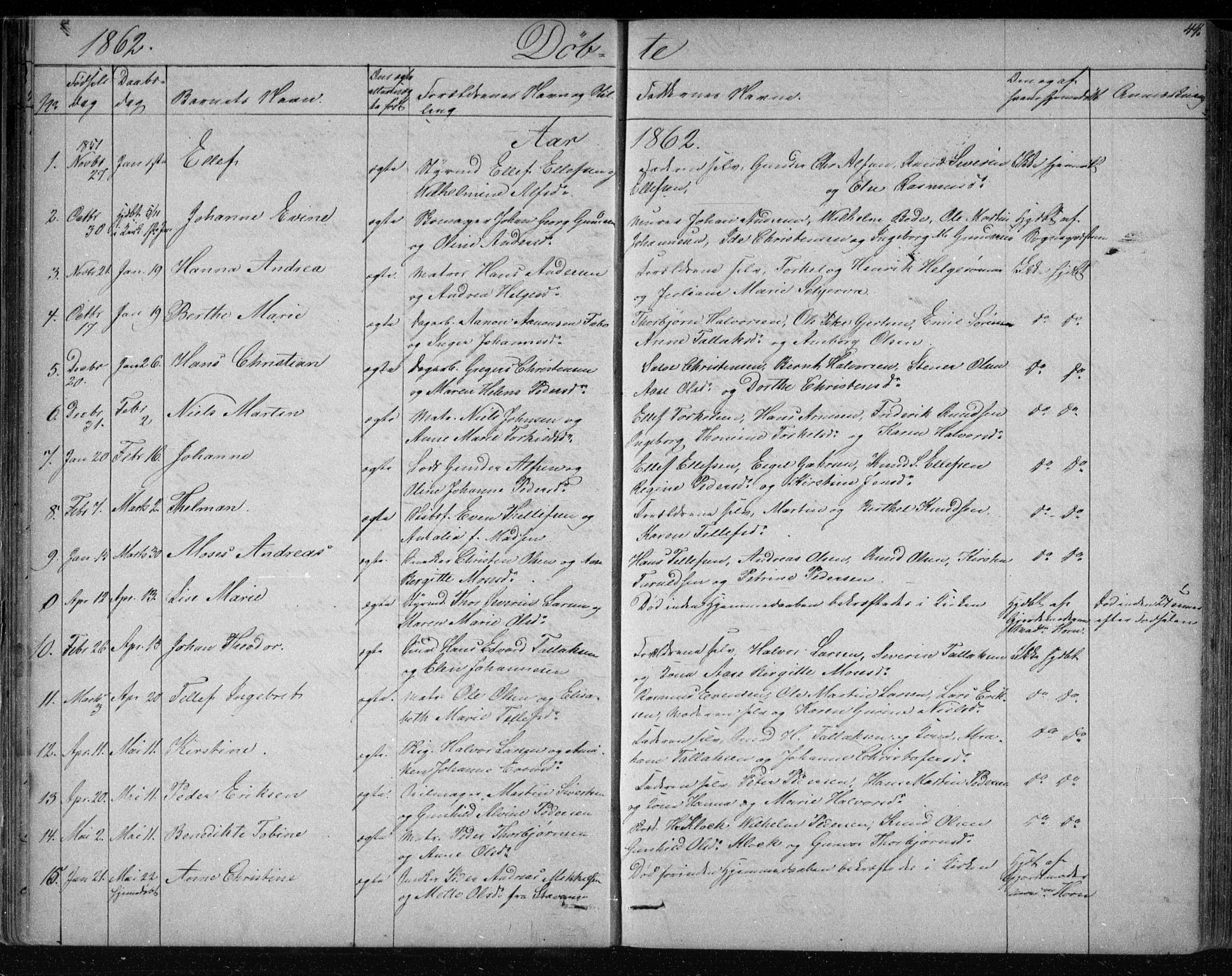 Risør sokneprestkontor, SAK/1111-0035/F/Fb/L0006: Parish register (copy) no. B 6, 1850-1884, p. 44