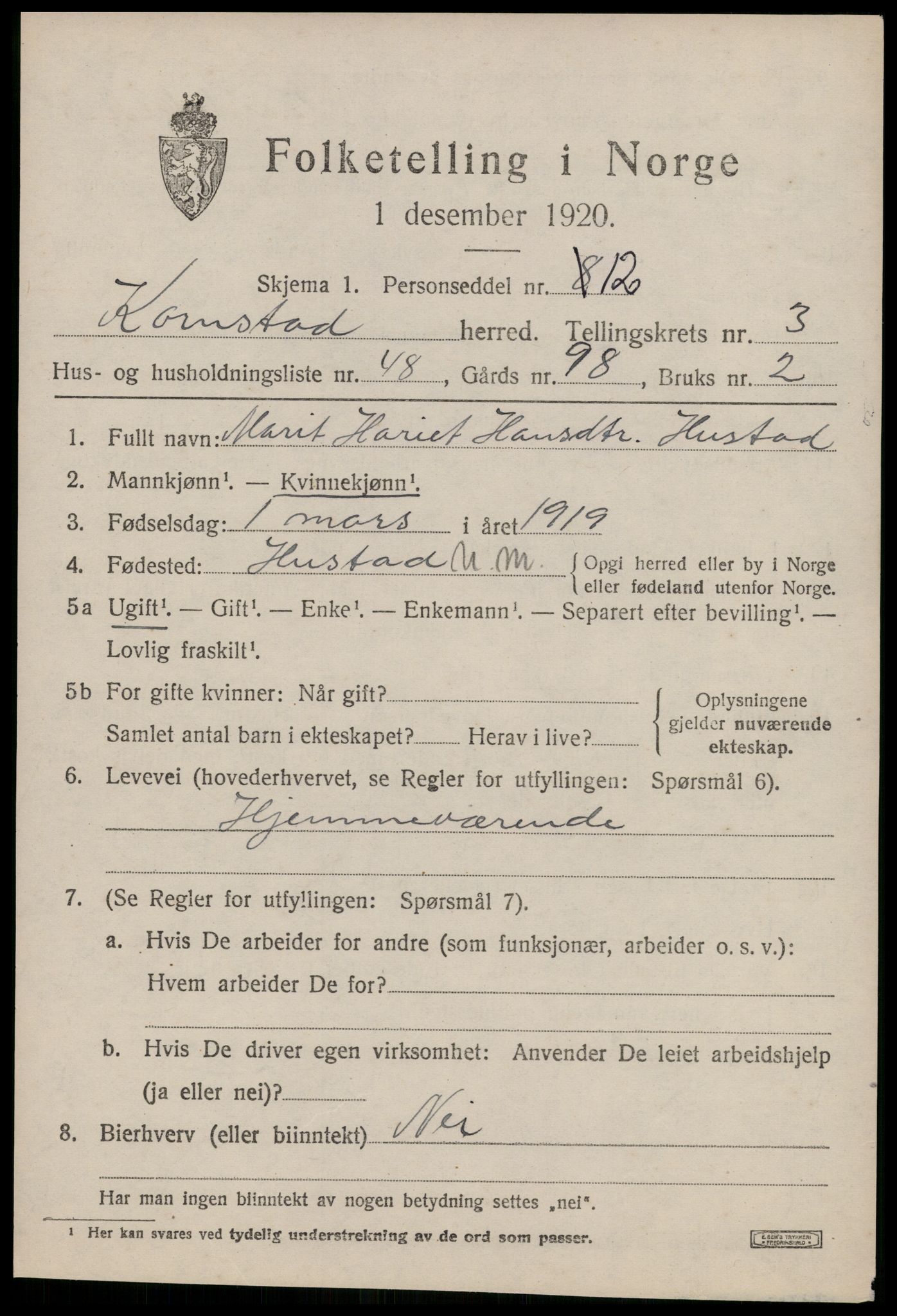 SAT, 1920 census for Kornstad, 1920, p. 2489