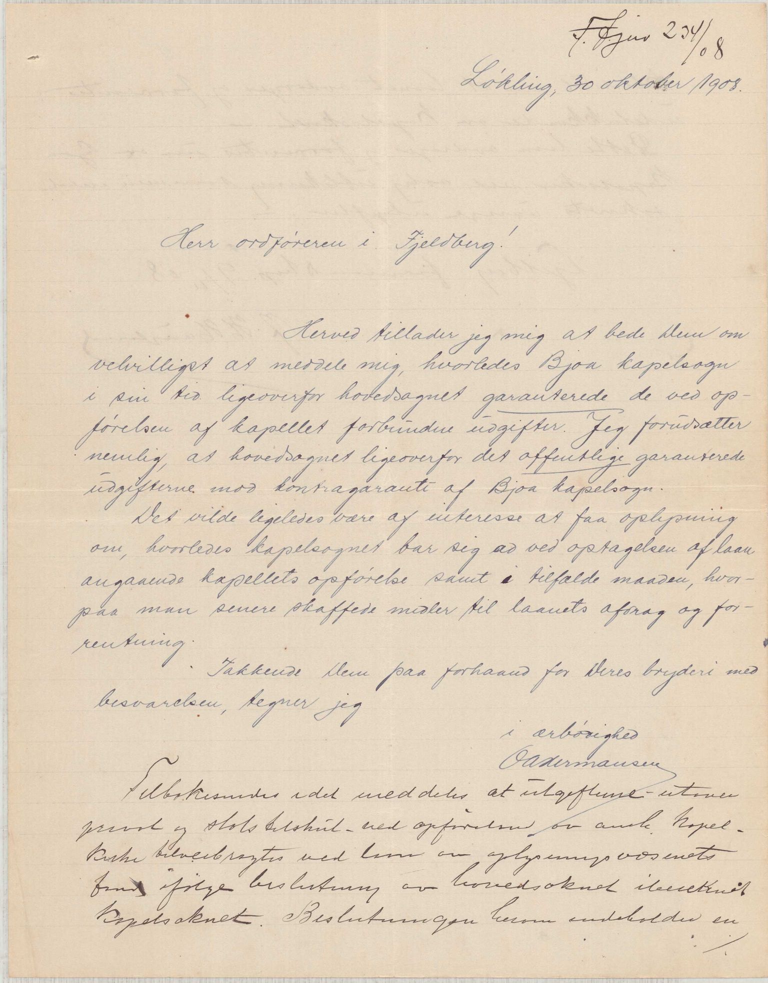 Finnaas kommune. Formannskapet, IKAH/1218a-021/D/Da/L0001/0006: Korrespondanse / saker / Kapellkyrkje på Løkling, 1906-1910, p. 28