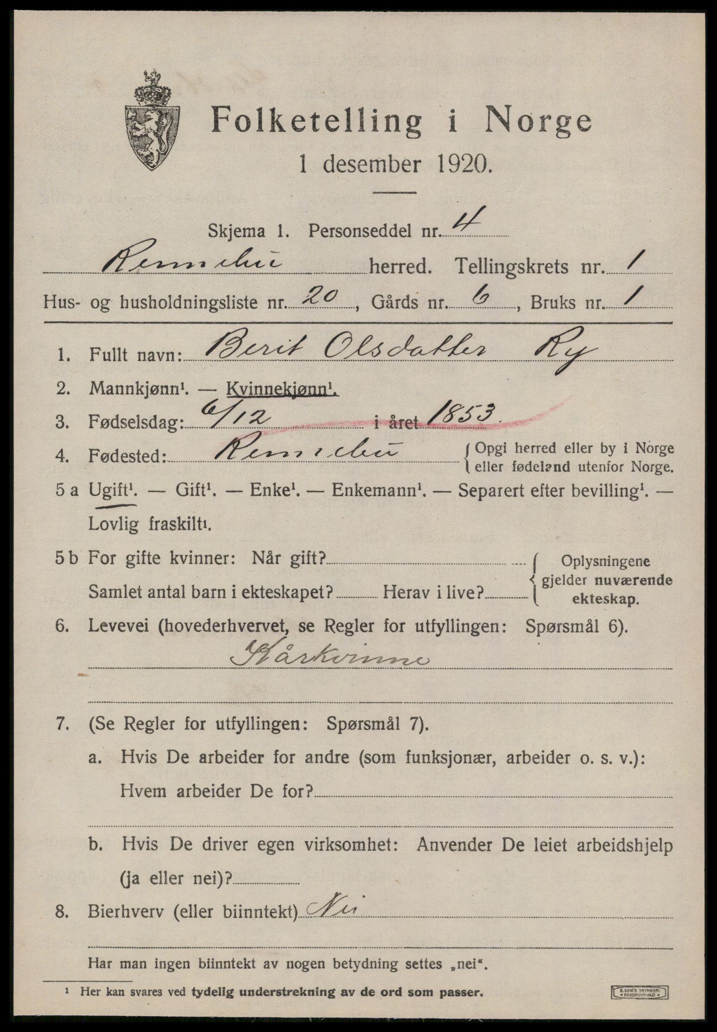 SAT, 1920 census for Rennebu, 1920, p. 1256