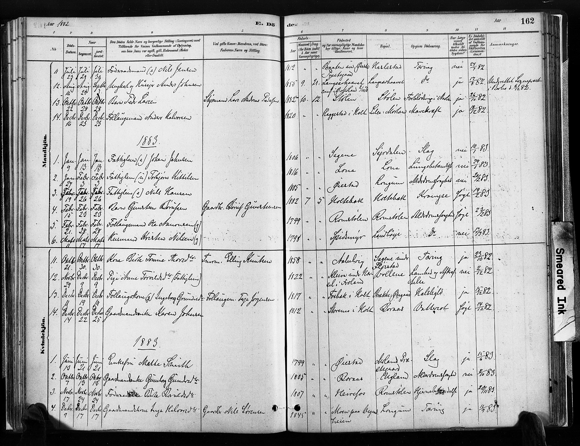 Austre Moland sokneprestkontor, SAK/1111-0001/F/Fa/Faa/L0010: Parish register (official) no. A 10, 1880-1904, p. 162