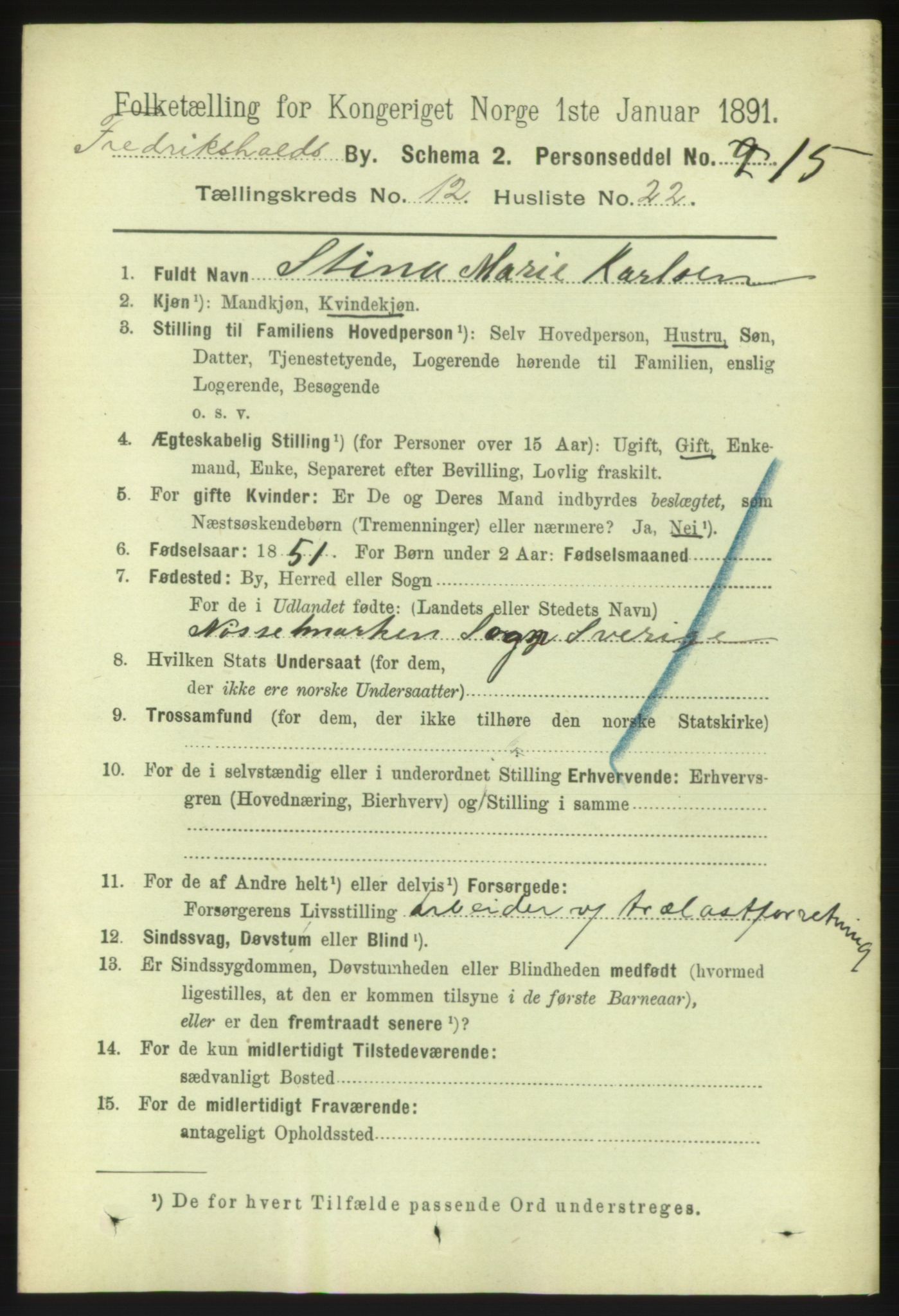 RA, 1891 census for 0101 Fredrikshald, 1891, p. 8550