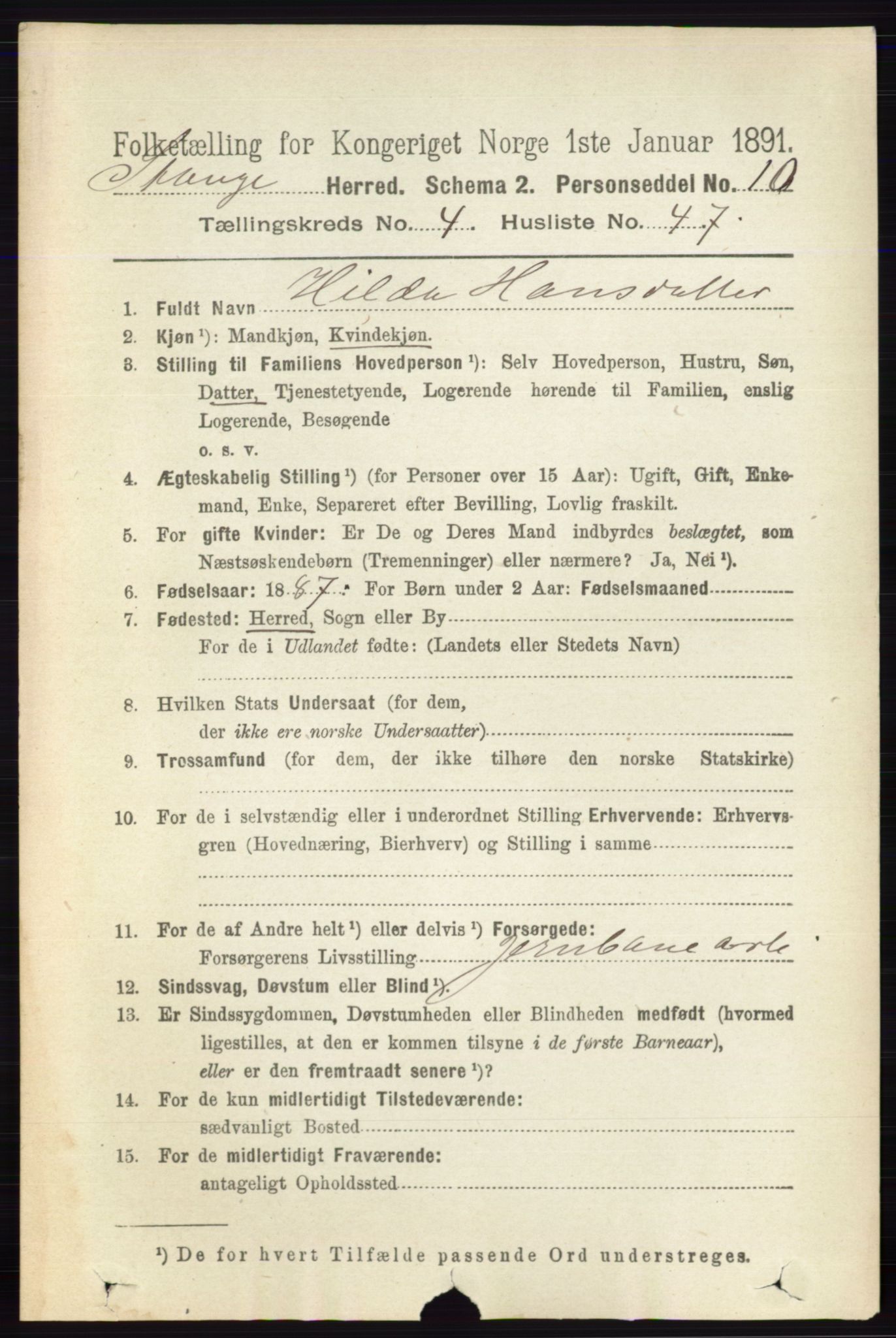 RA, 1891 census for 0417 Stange, 1891, p. 2726