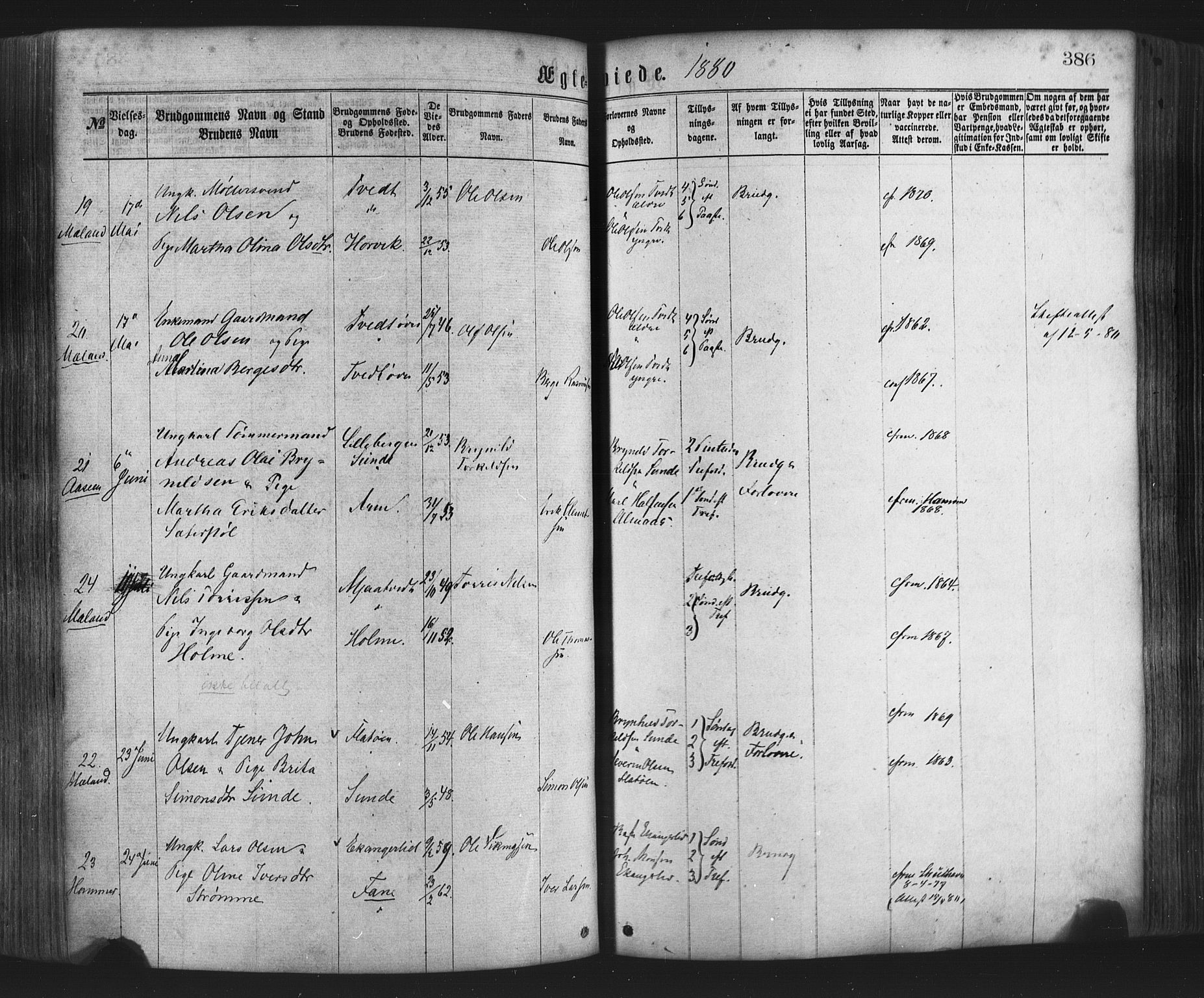 Hamre sokneprestembete, AV/SAB-A-75501/H/Ha/Haa/Haaa/L0015: Parish register (official) no. A 15, 1870-1881, p. 386