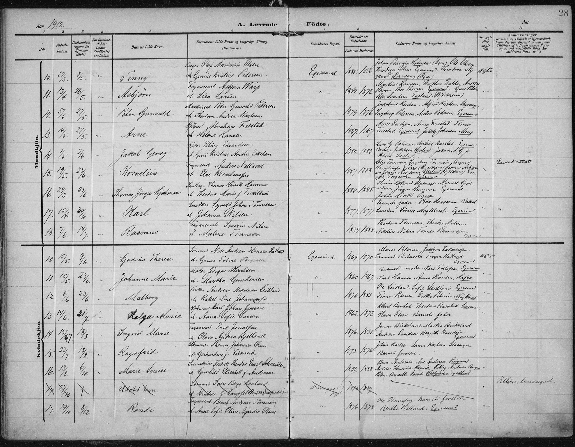 Eigersund sokneprestkontor, AV/SAST-A-101807/S08/L0022: Parish register (official) no. A 21, 1905-1928, p. 28