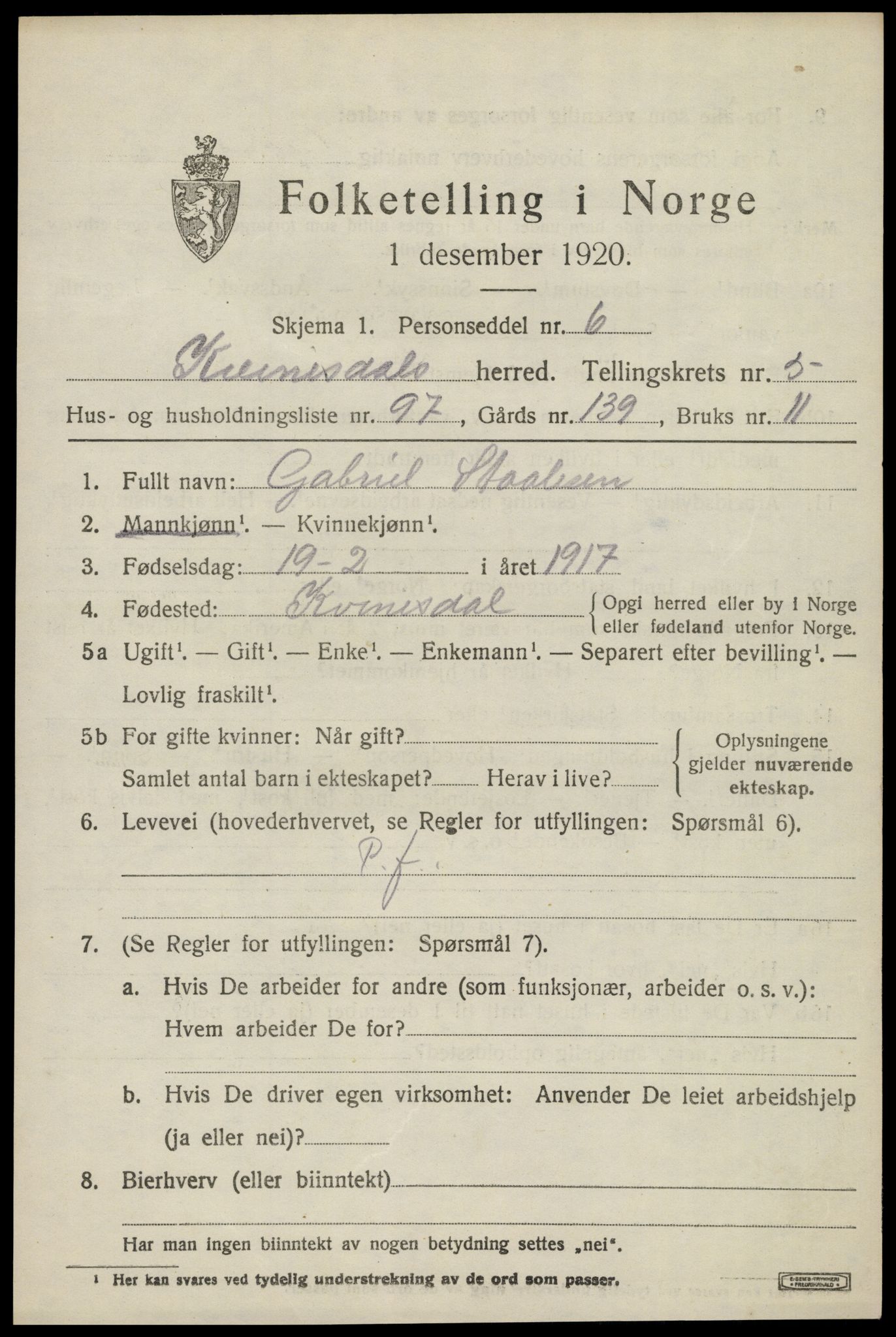 SAK, 1920 census for Kvinesdal, 1920, p. 6777