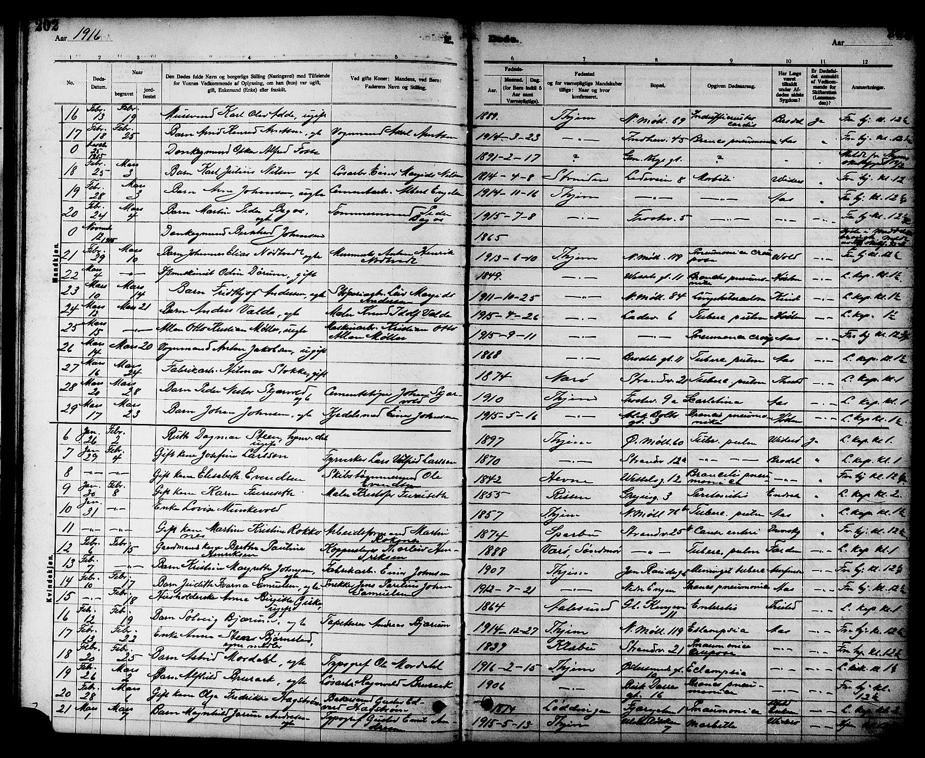 Ministerialprotokoller, klokkerbøker og fødselsregistre - Sør-Trøndelag, SAT/A-1456/605/L0255: Parish register (copy) no. 605C02, 1908-1918, p. 202