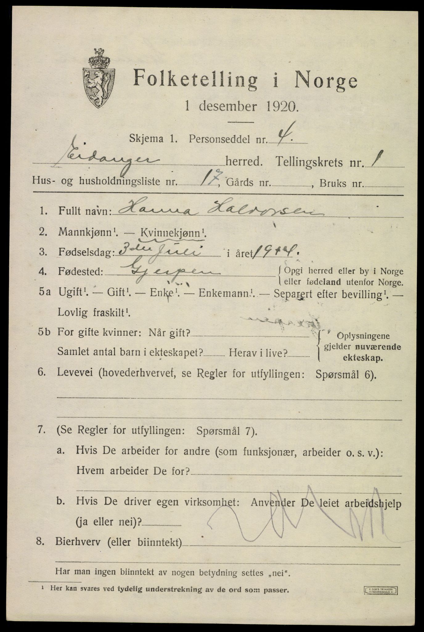 SAKO, 1920 census for Eidanger, 1920, p. 1820