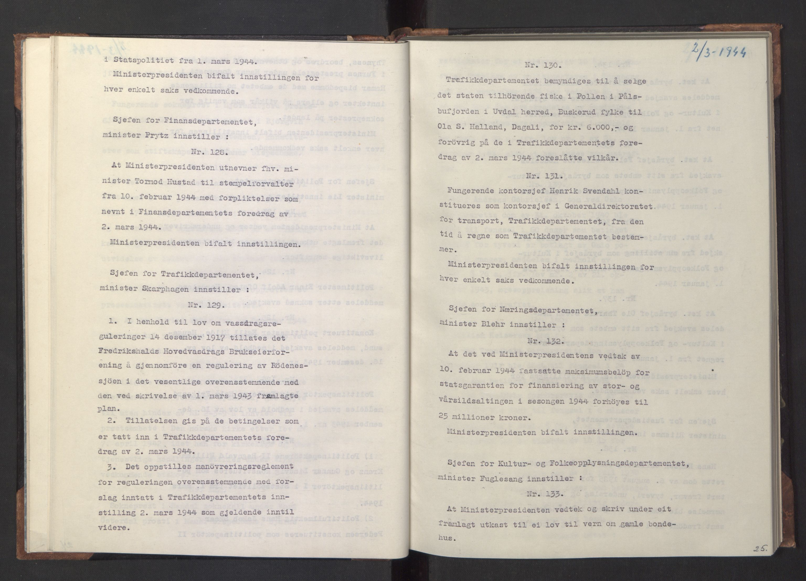 NS-administrasjonen 1940-1945 (Statsrådsekretariatet, de kommisariske statsråder mm), AV/RA-S-4279/D/Da/L0005: Protokoll fra ministermøter, 1944, p. 27