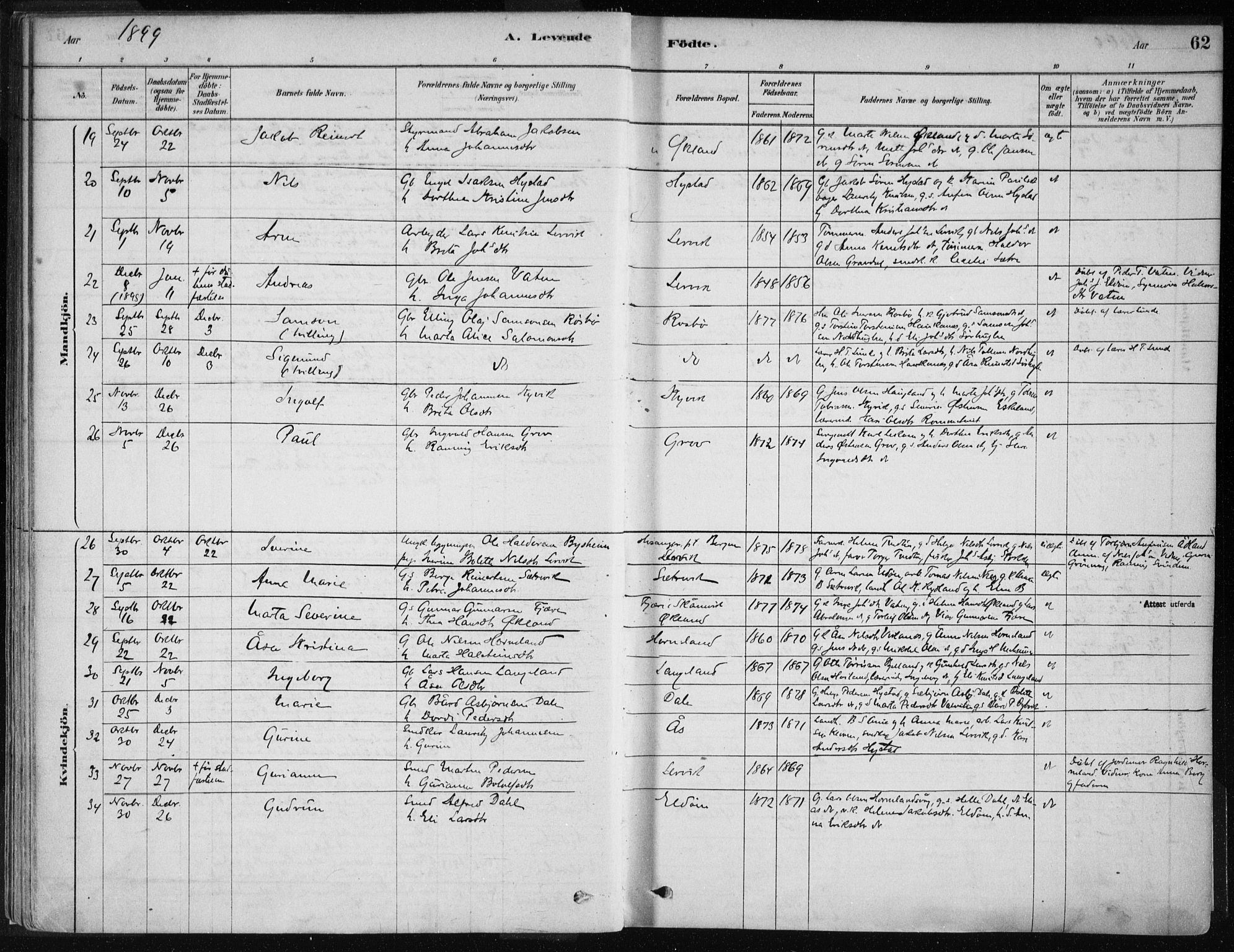 Stord sokneprestembete, SAB/A-78201/H/Haa: Parish register (official) no. B 2, 1878-1913, p. 62