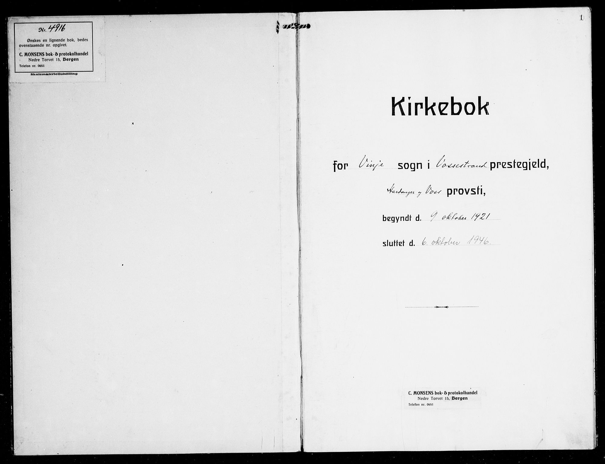Vossestrand Sokneprestembete, SAB/A-79101/H/Hab: Parish register (copy) no. B 6, 1921-1946, p. 1