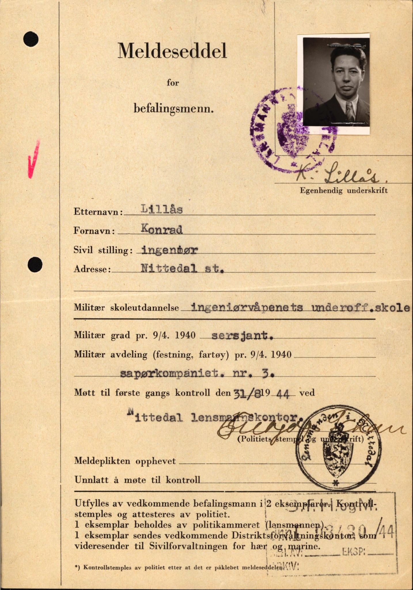 Forsvaret, Forsvarets krigshistoriske avdeling, AV/RA-RAFA-2017/Y/Yf/L0209: II-C-11-2121  -  Okkupasjonstiden.  Meldesedler for befal med foto og oppl. om militær grad 9. apr. 1940., 1944-1945, p. 85