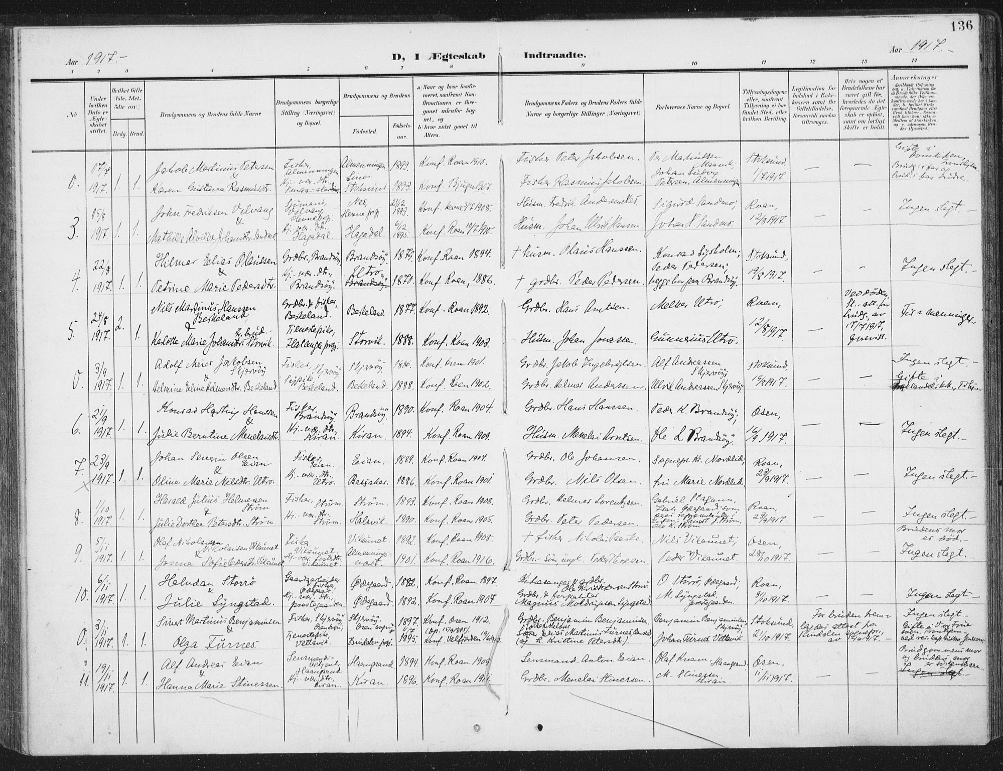 Ministerialprotokoller, klokkerbøker og fødselsregistre - Sør-Trøndelag, SAT/A-1456/657/L0709: Parish register (official) no. 657A10, 1905-1919, p. 136