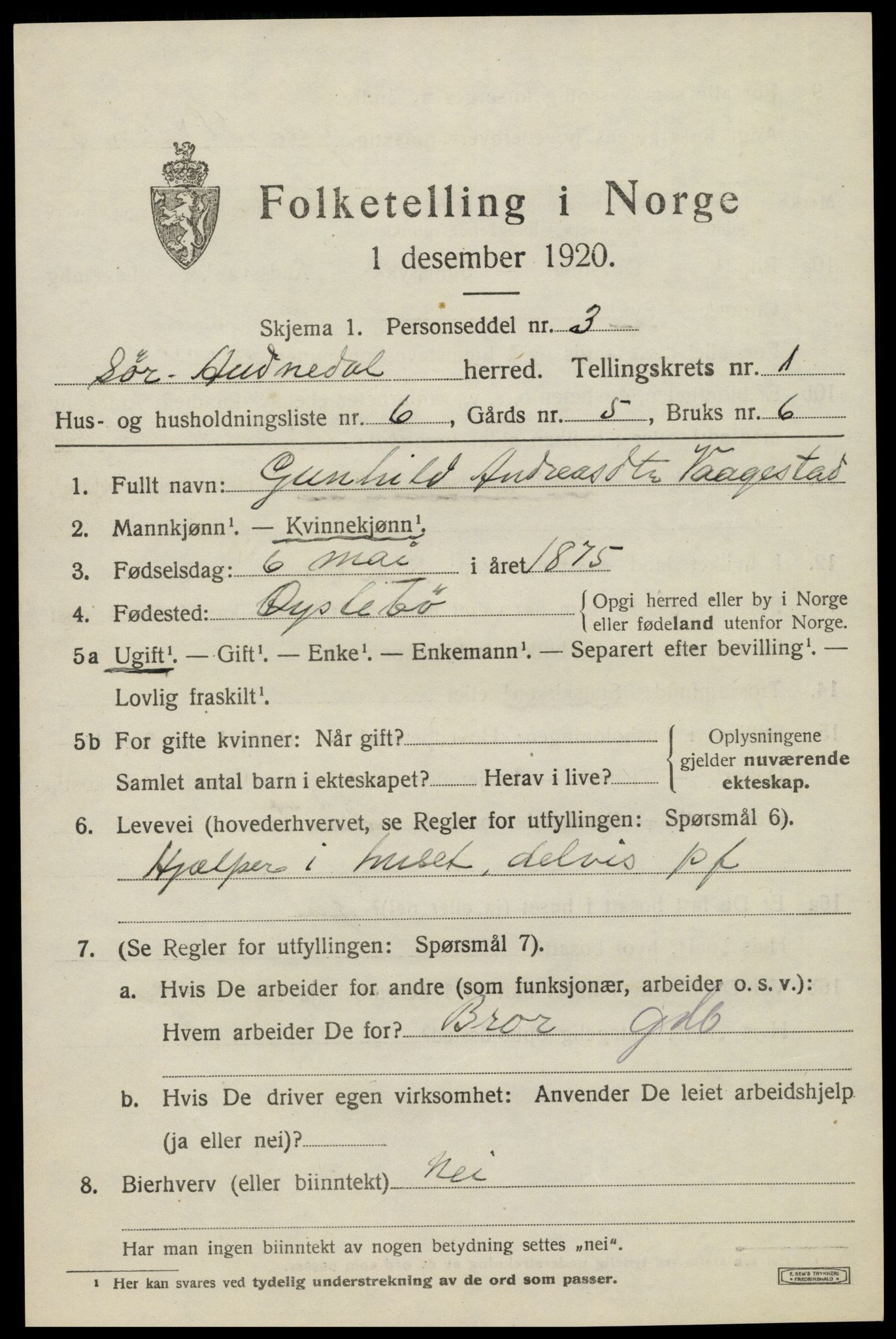 SAK, 1920 census for Sør-Audnedal, 1920, p. 1495