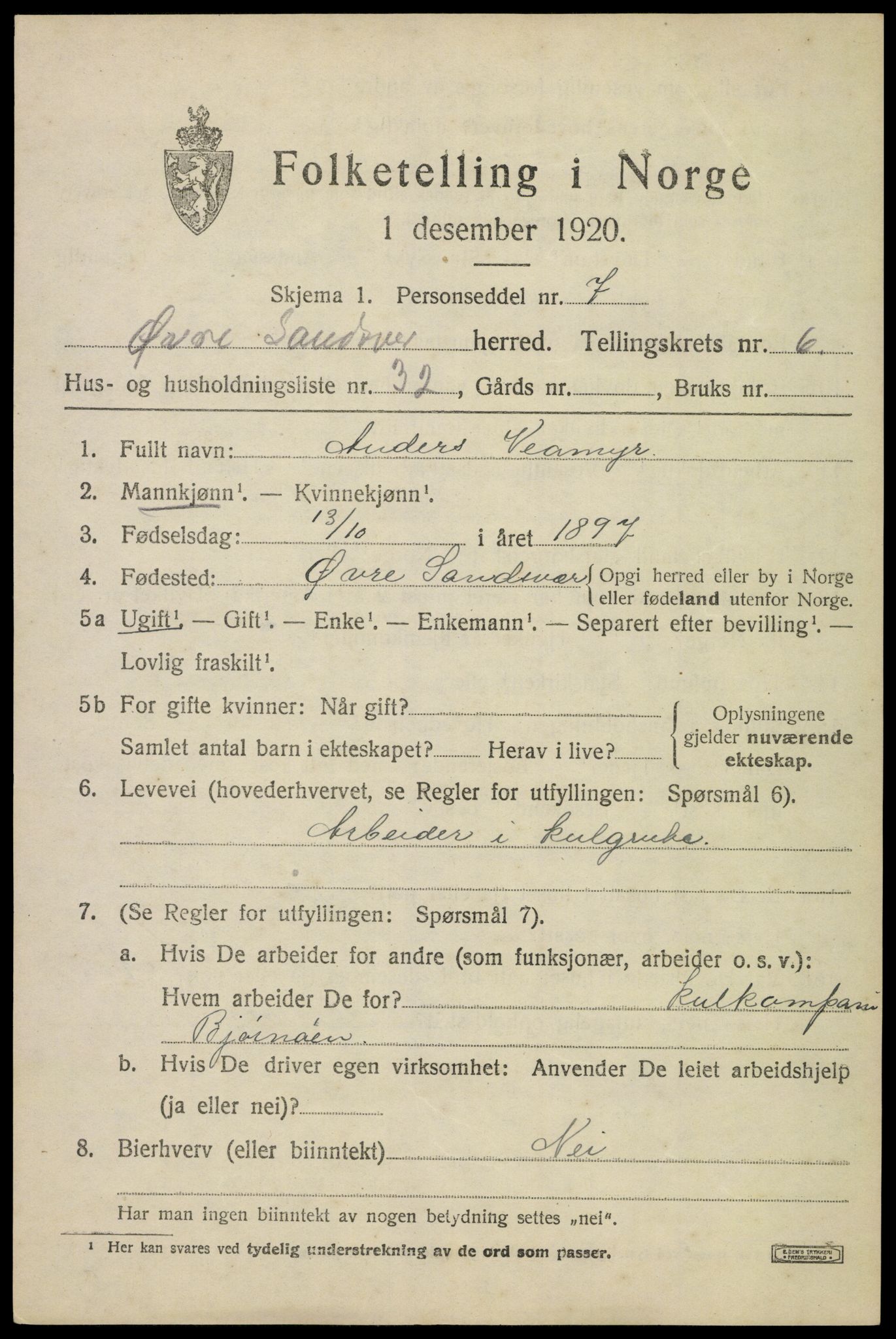 SAKO, 1920 census for Øvre Sandsvær, 1920, p. 3724