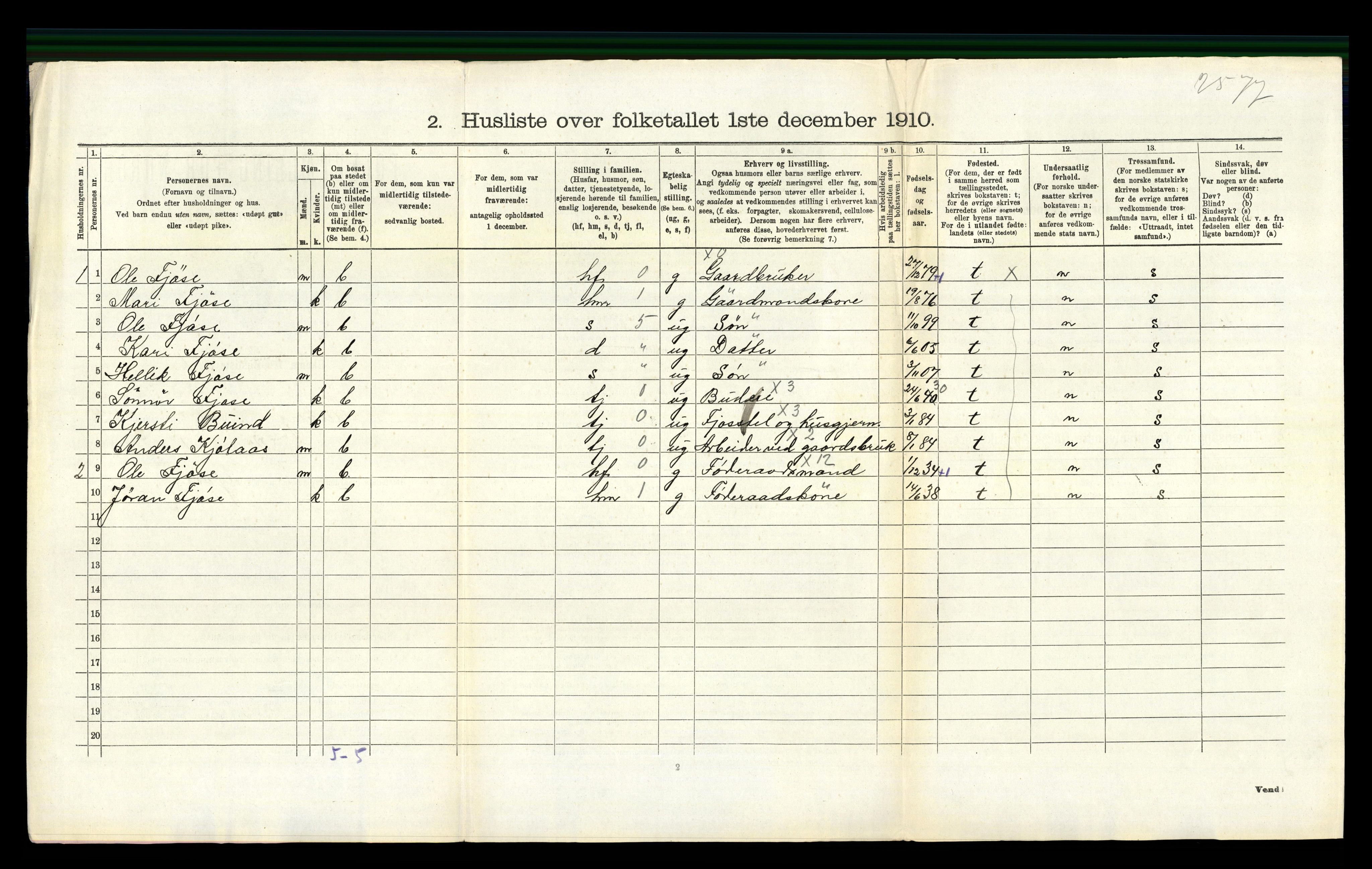 RA, 1910 census for Flesberg, 1910, p. 214