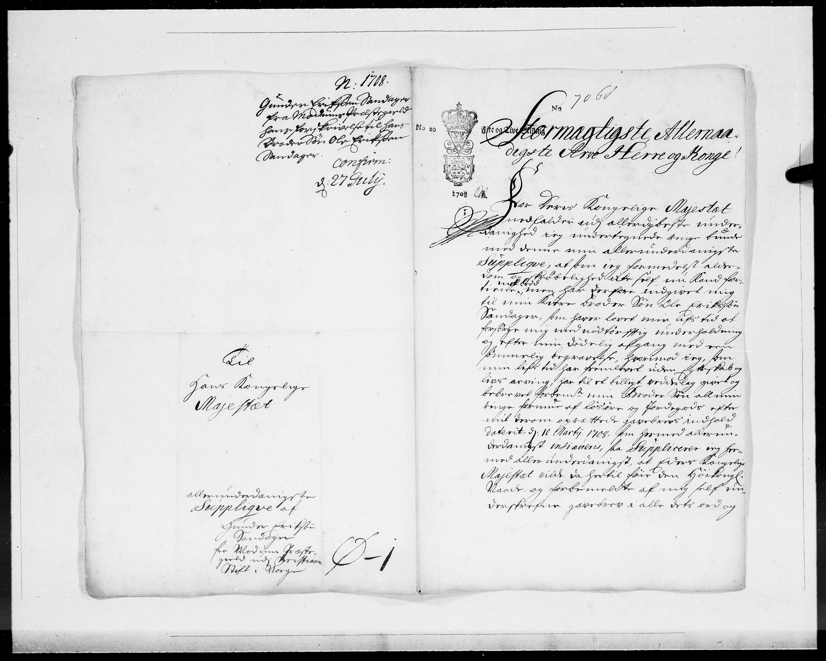 Danske Kanselli 1572-1799, AV/RA-EA-3023/F/Fc/Fcc/Fcca/L0066: Norske innlegg 1572-1799, 1708, p. 40