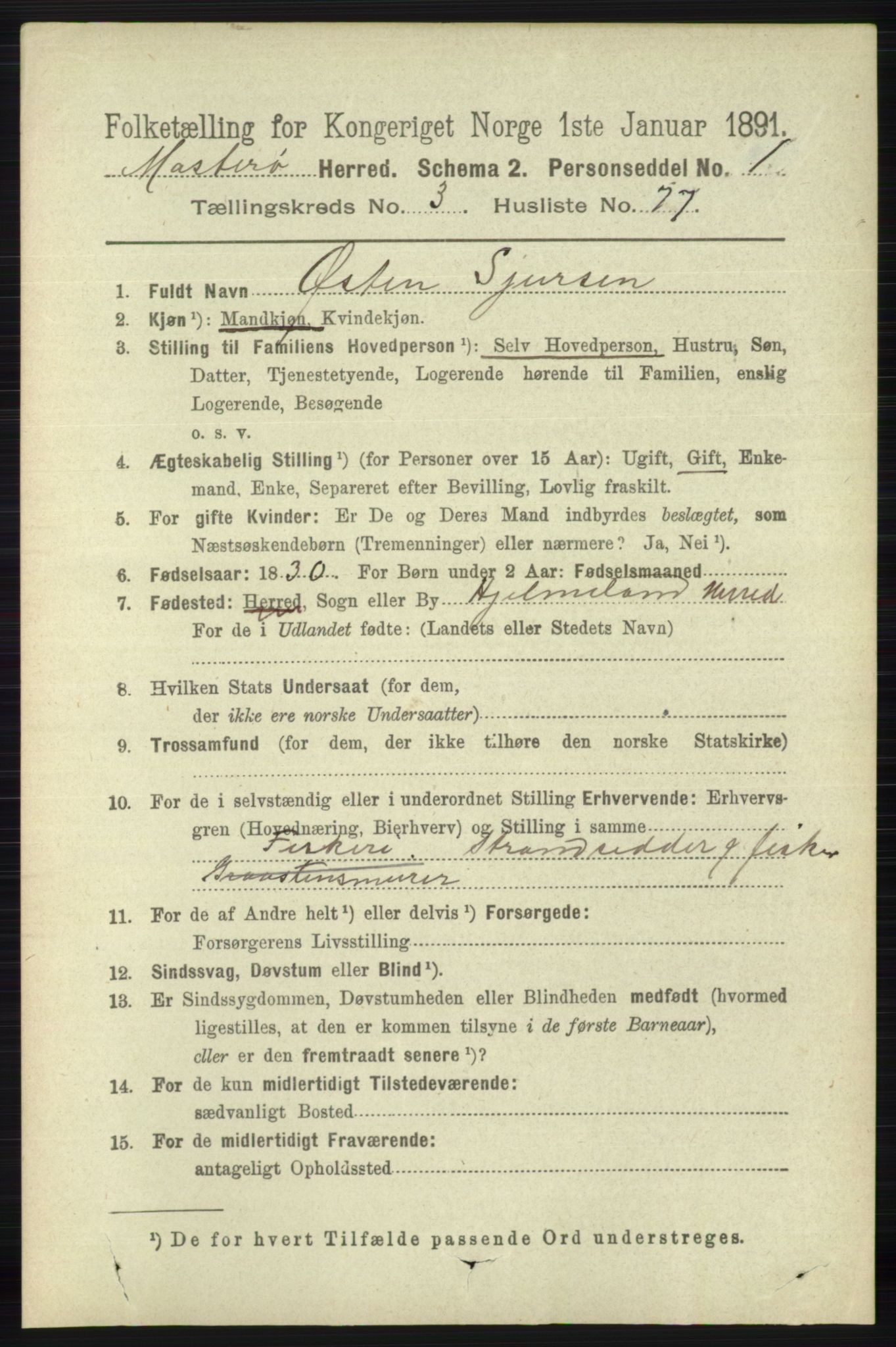RA, 1891 census for 1143 Mosterøy, 1891, p. 1484