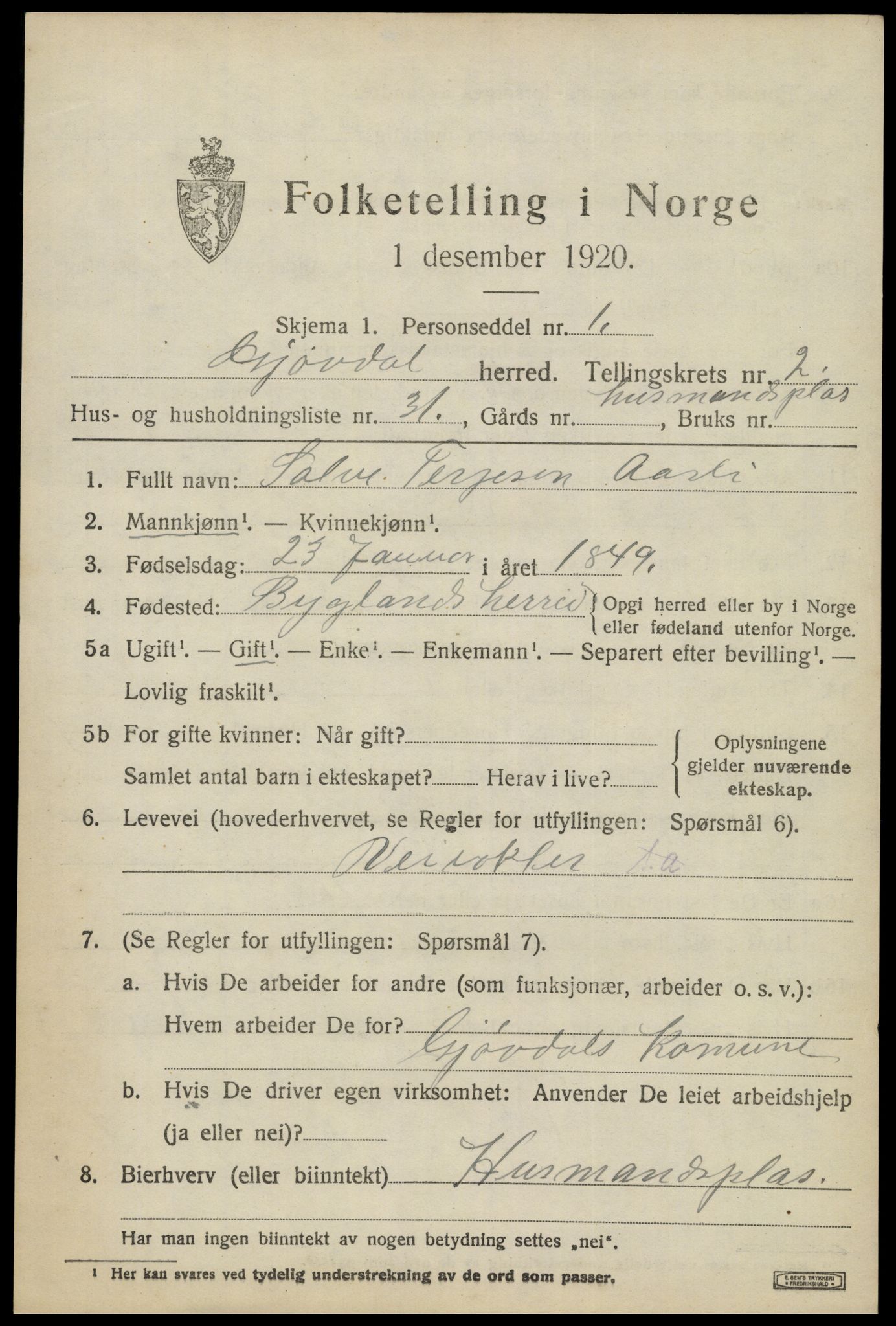 SAK, 1920 census for Gjøvdal, 1920, p. 1142