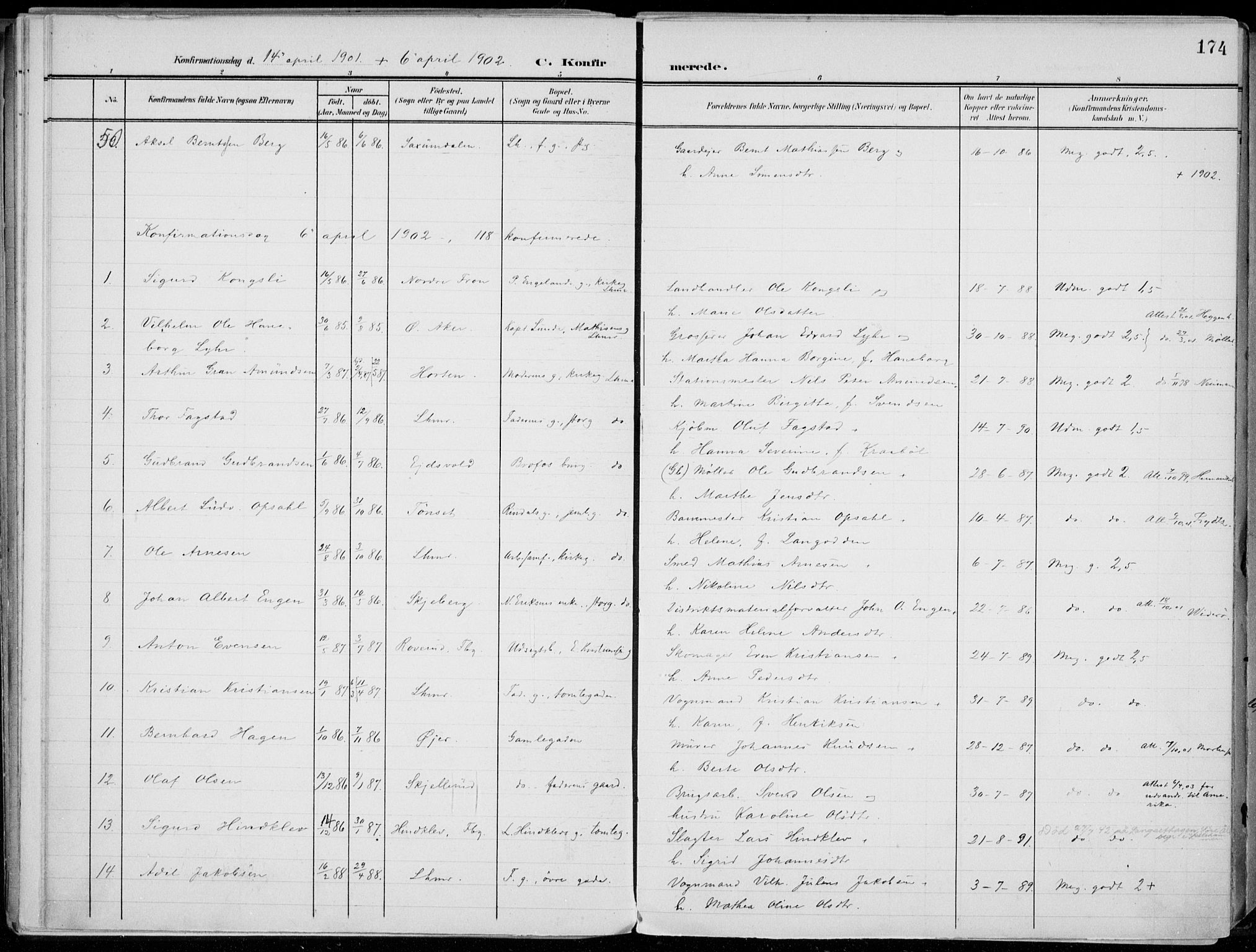 Lillehammer prestekontor, SAH/PREST-088/H/Ha/Haa/L0001: Parish register (official) no. 1, 1901-1916, p. 174