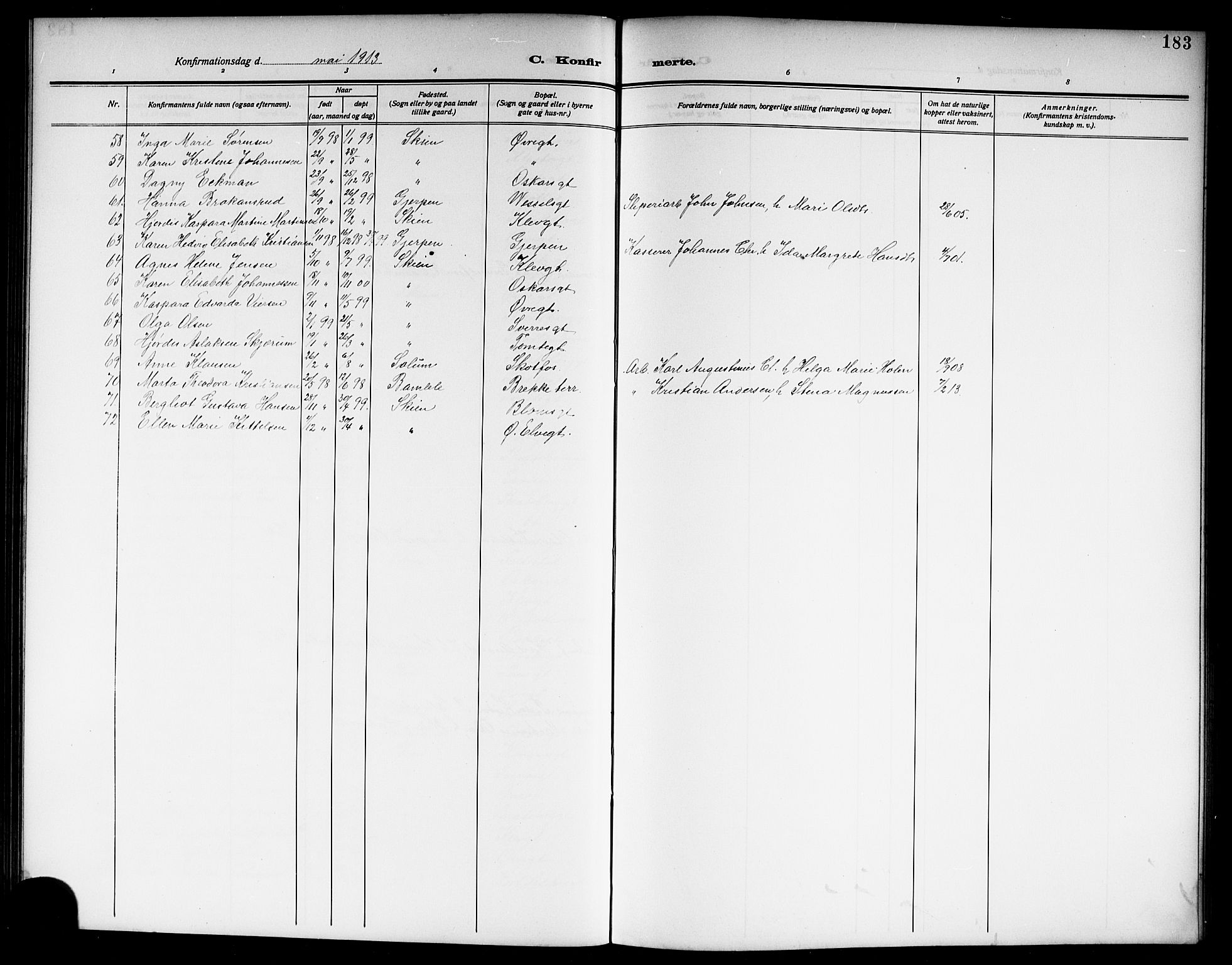 Skien kirkebøker, SAKO/A-302/G/Ga/L0009: Parish register (copy) no. 9, 1910-1920, p. 183