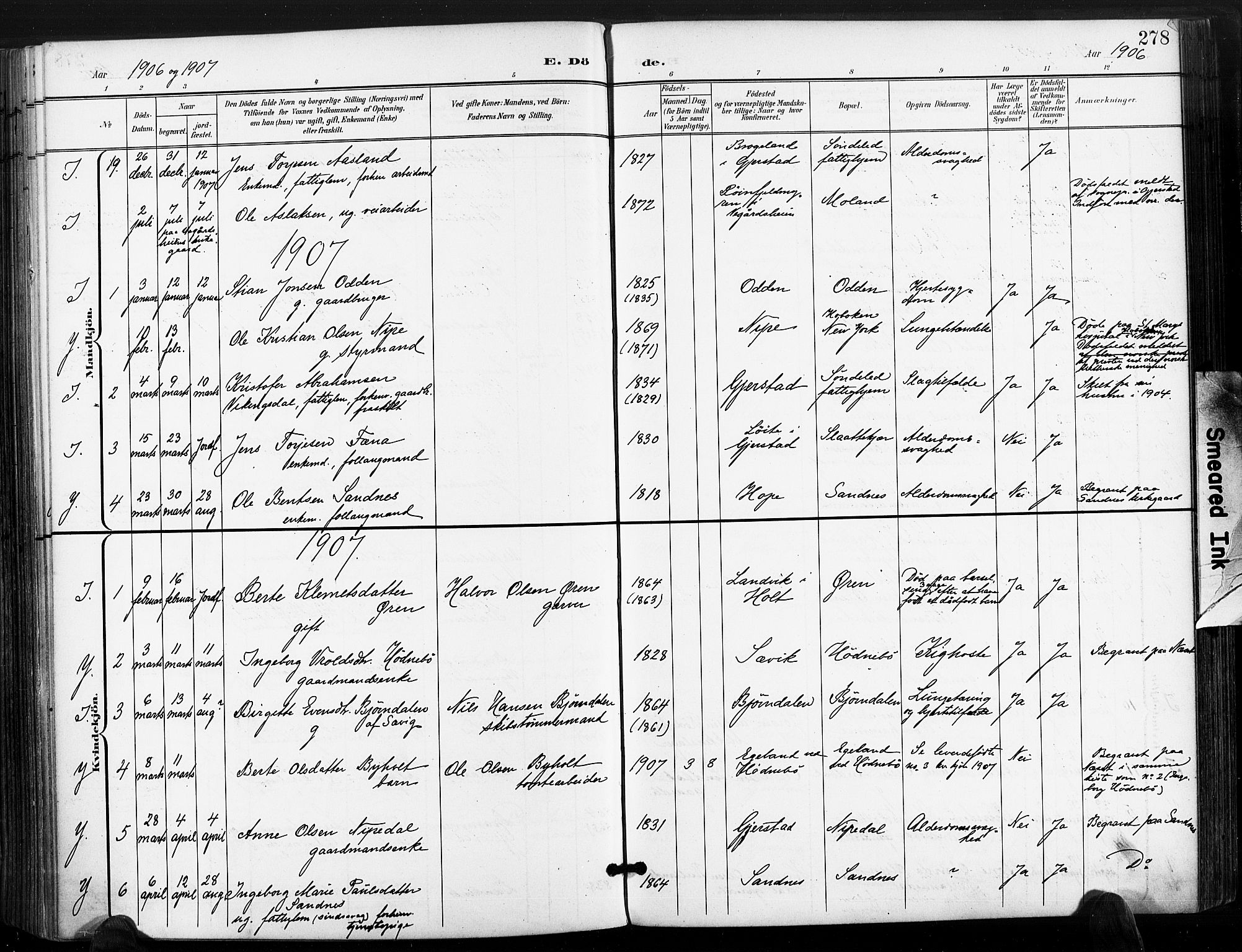 Søndeled sokneprestkontor, AV/SAK-1111-0038/F/Fa/L0006: Parish register (official) no. A 6, 1900-1922, p. 278