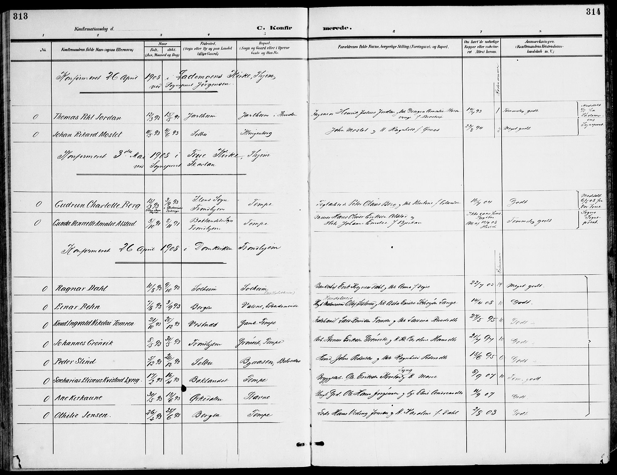 Ministerialprotokoller, klokkerbøker og fødselsregistre - Sør-Trøndelag, SAT/A-1456/607/L0320: Parish register (official) no. 607A04, 1907-1915, p. 313-314