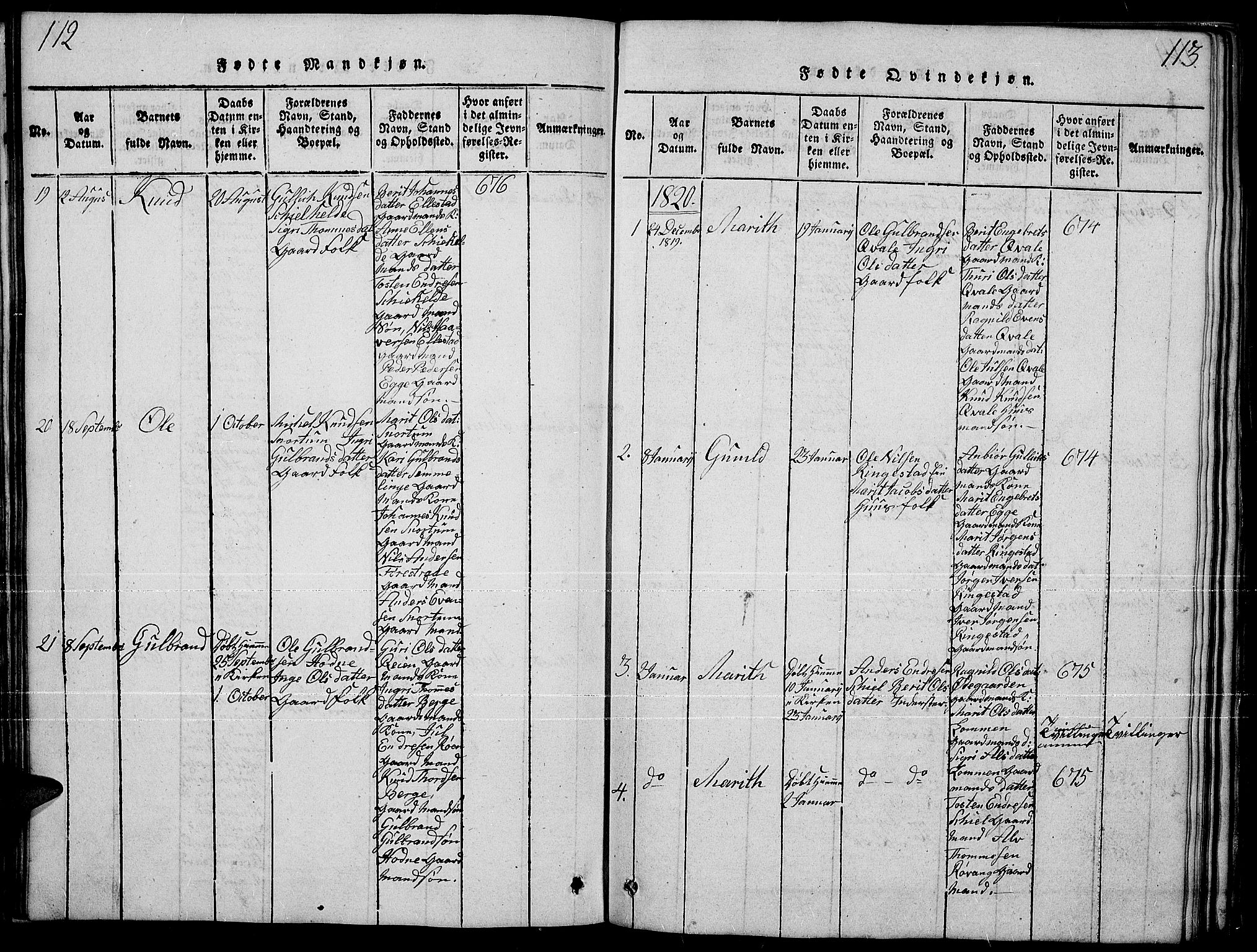 Slidre prestekontor, SAH/PREST-134/H/Ha/Hab/L0001: Parish register (copy) no. 1, 1814-1838, p. 112-113
