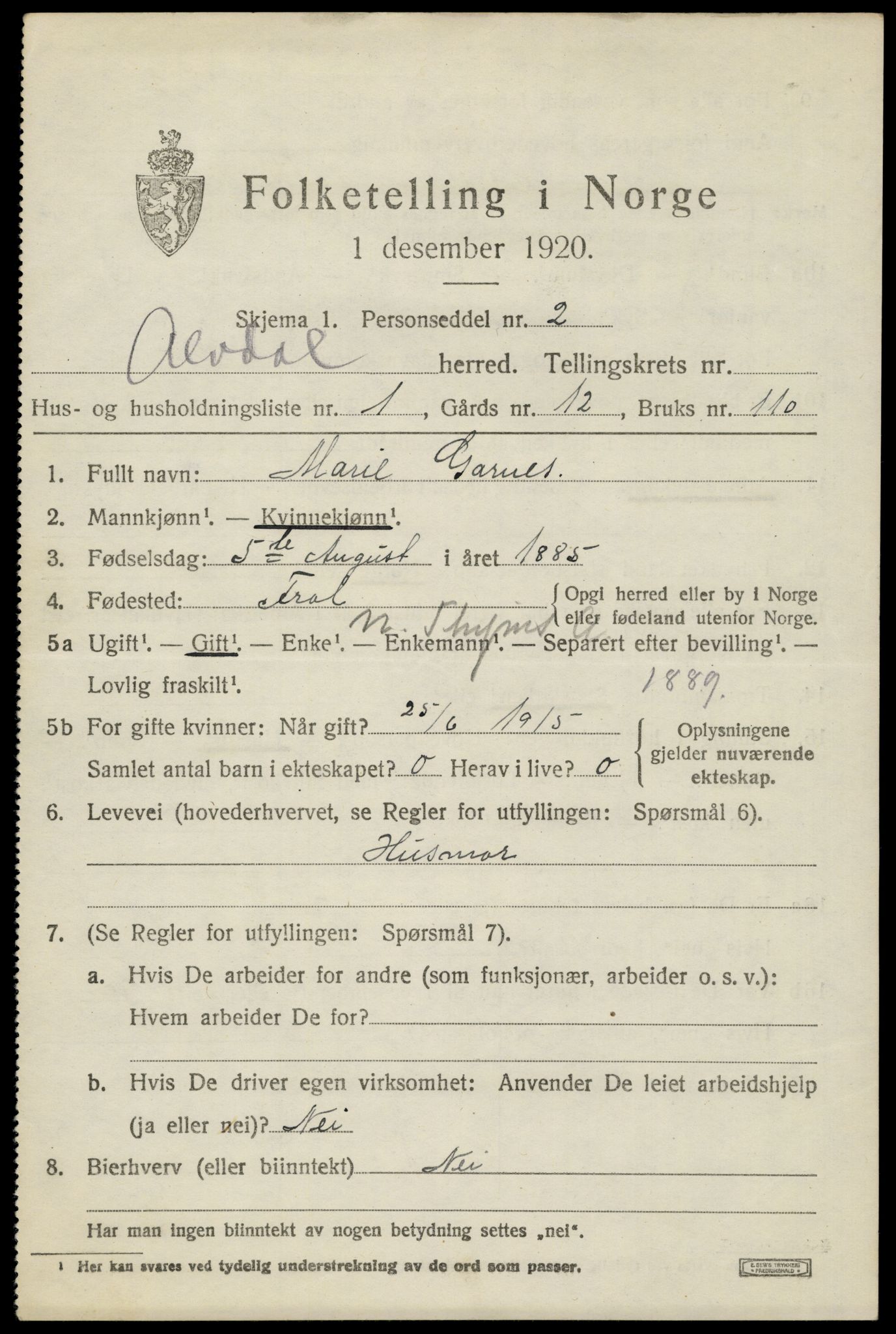 SAH, 1920 census for Alvdal, 1920, p. 3522