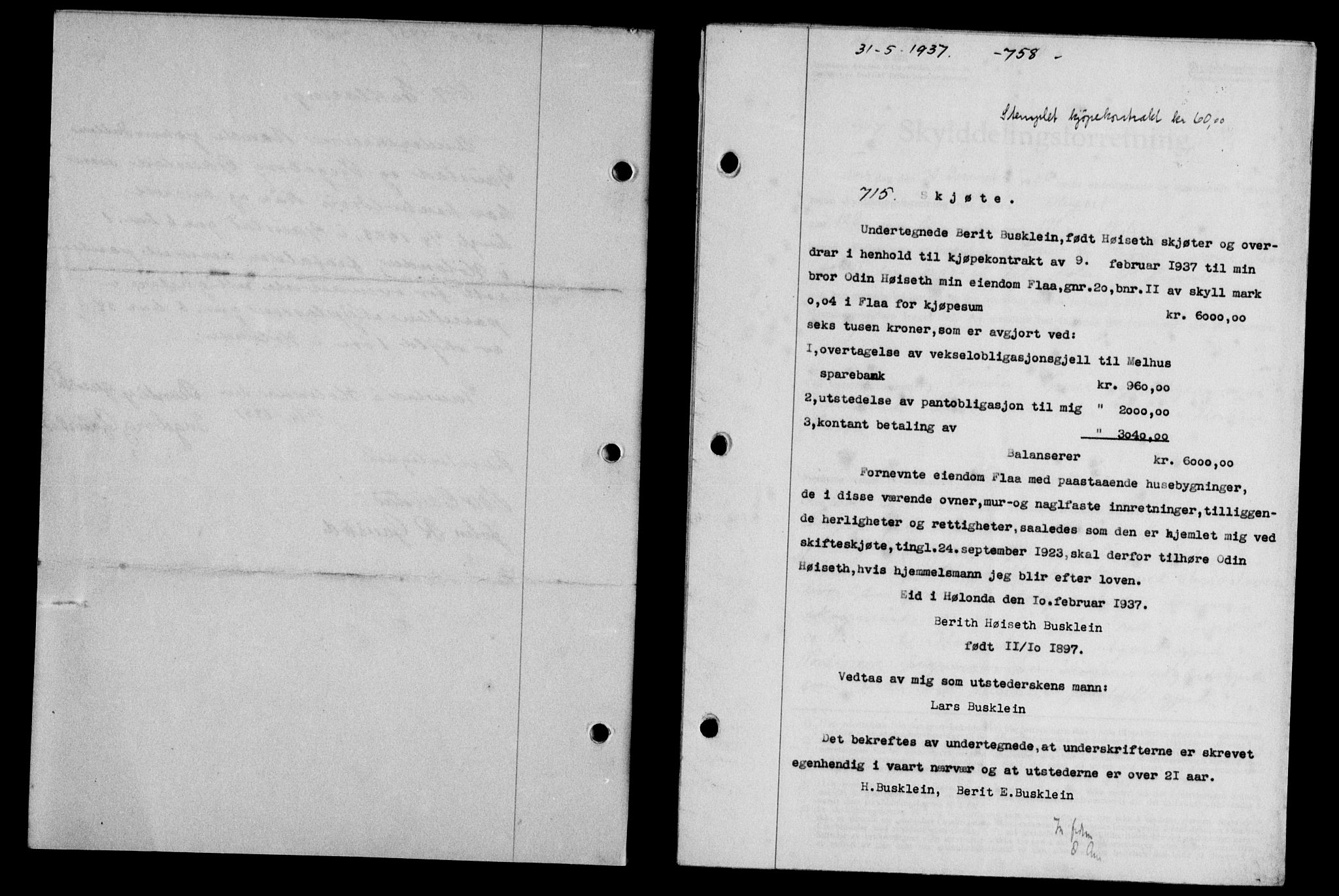 Gauldal sorenskriveri, SAT/A-0014/1/2/2C/L0047: Mortgage book no. 50-51, 1937-1937, Diary no: : 715/1937