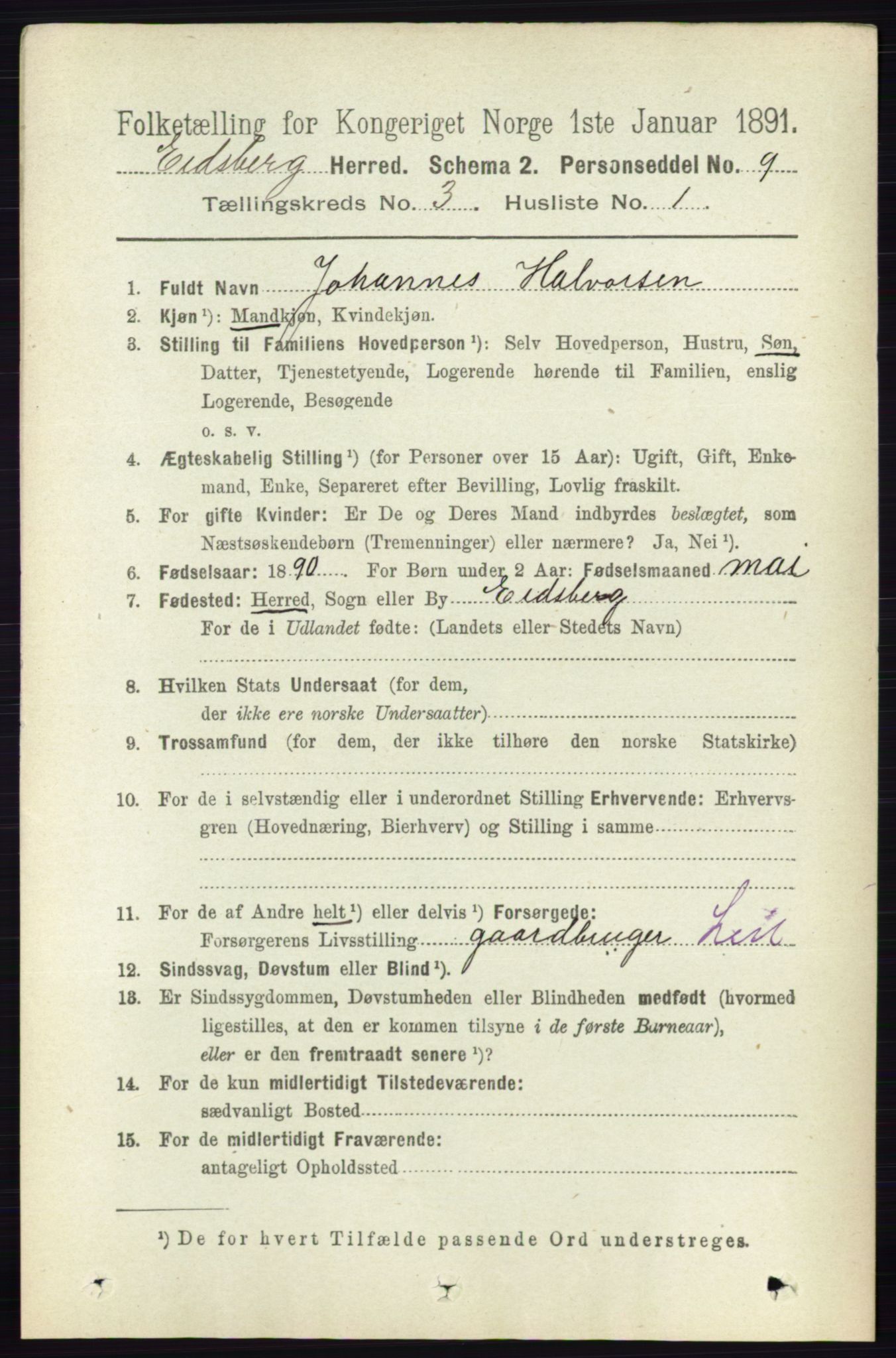 RA, 1891 census for 0125 Eidsberg, 1891, p. 1463