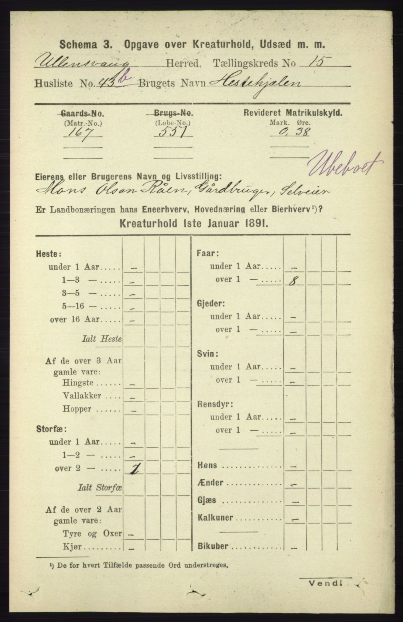 RA, 1891 census for 1230 Ullensvang, 1891, p. 8507