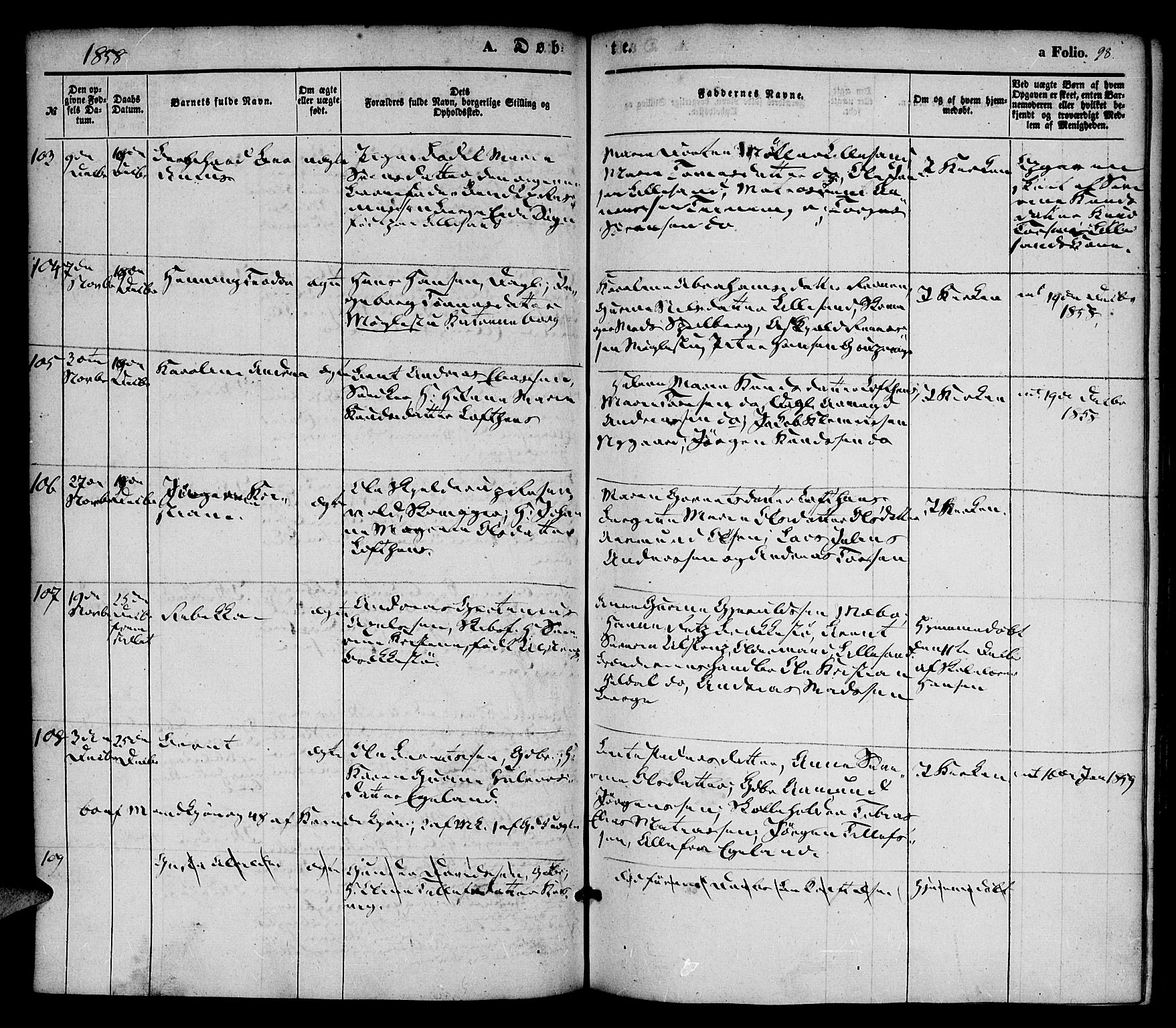 Vestre Moland sokneprestkontor, AV/SAK-1111-0046/F/Fa/Fab/L0006: Parish register (official) no. A 6, 1850-1858, p. 98