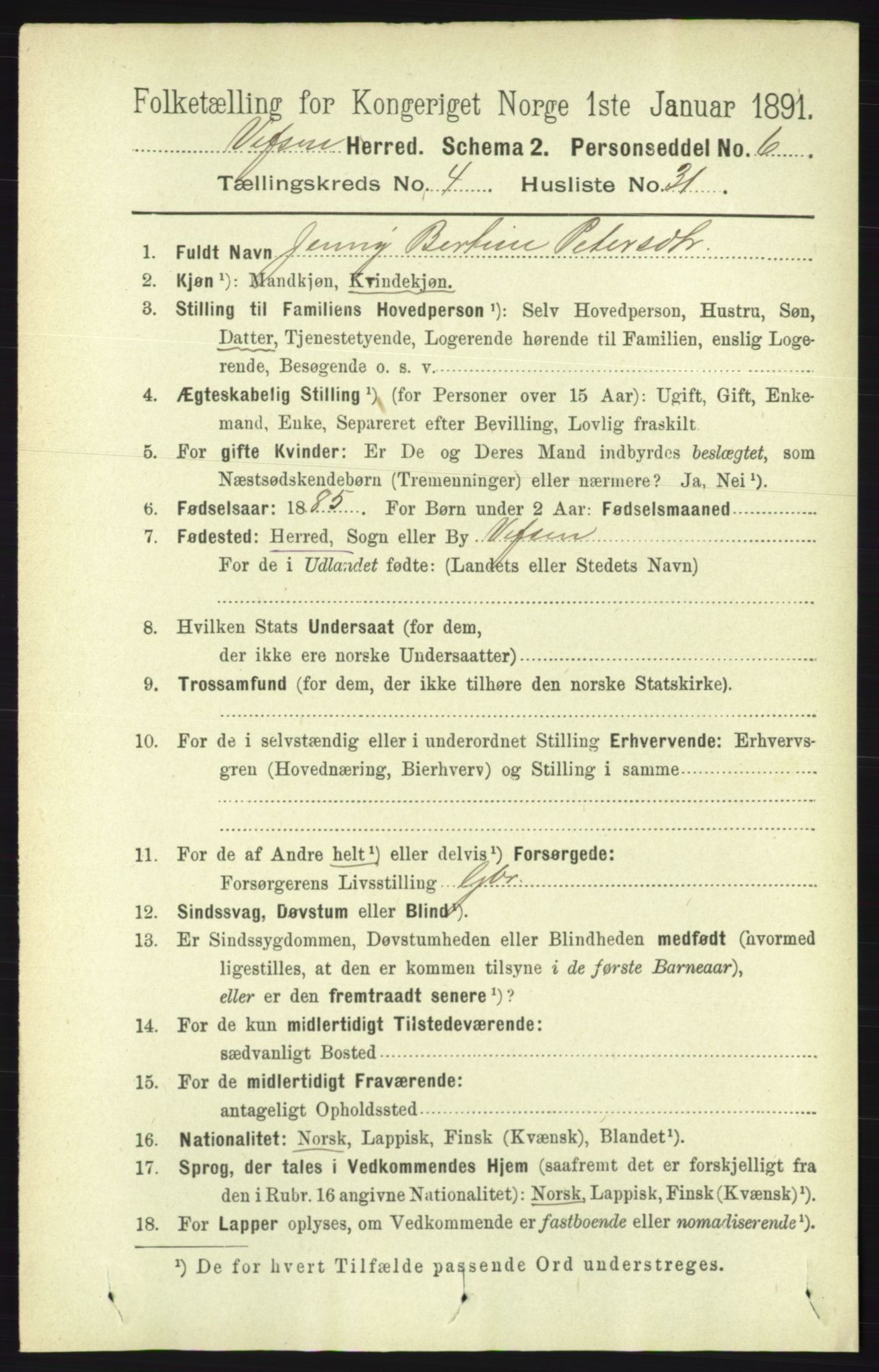 RA, 1891 census for 1824 Vefsn, 1891, p. 1842