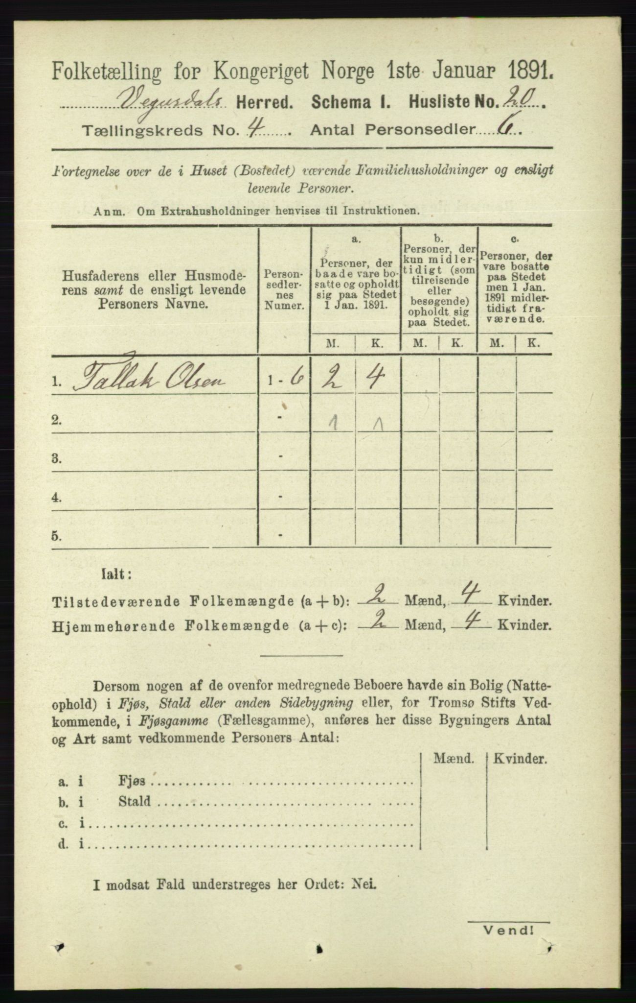 RA, 1891 census for 0934 Vegusdal, 1891, p. 706