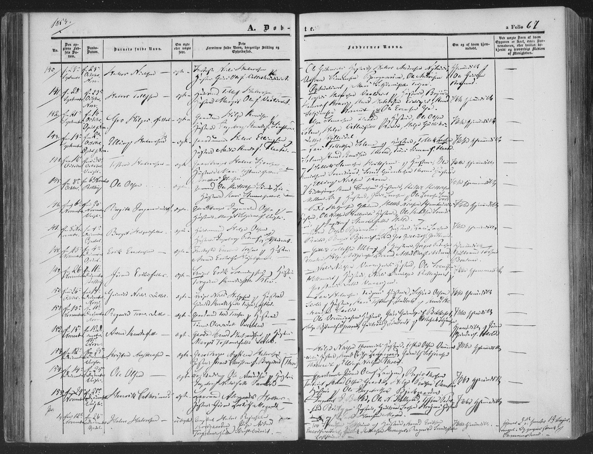 Rollag kirkebøker, AV/SAKO-A-240/F/Fa/L0008: Parish register (official) no. I 8, 1847-1860, p. 67